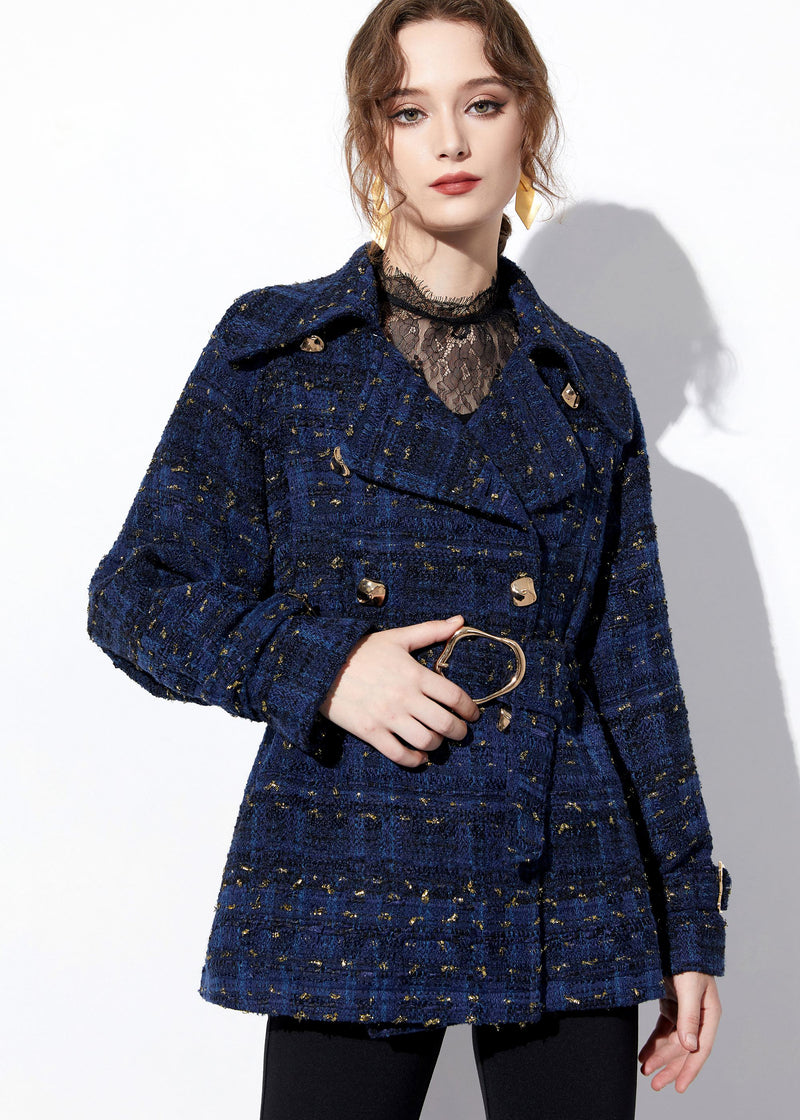 Women's Sequin Double Breasted Blue Wool Blend Tweed Coat