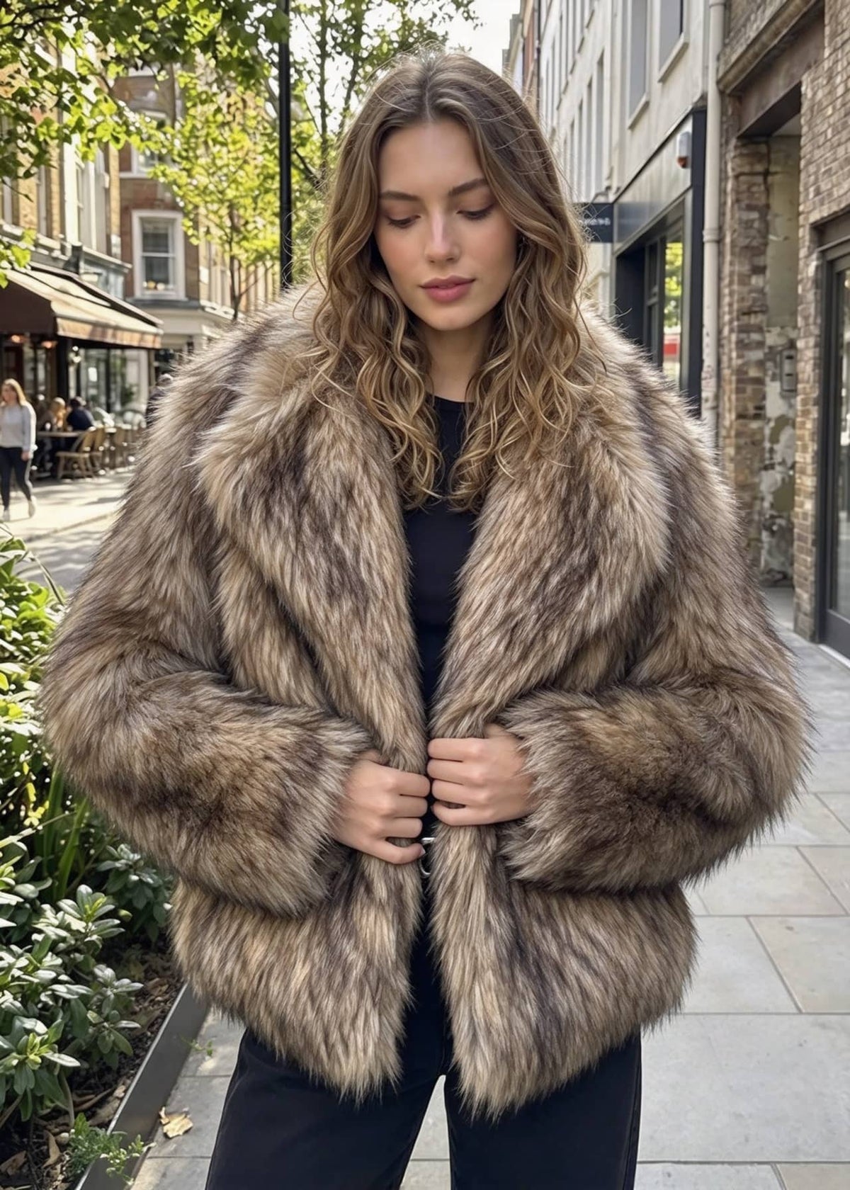 Front-facing close-up portrait of a woman lightly holding closed her shaggy tipped faux fur winter coat on a city sidewalk.  