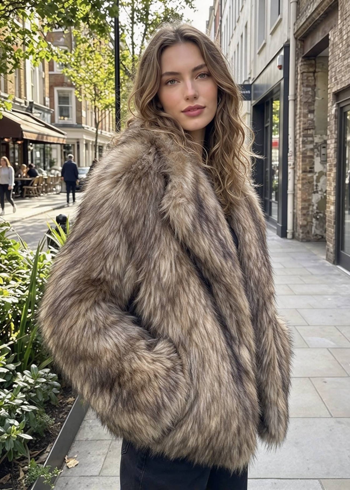 Three-quarter side outdoor view showing the plush long-pile texture and wide collar of the tipped faux fur jacket. 