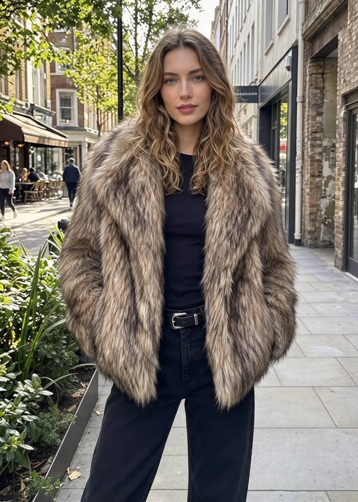 Front three-quarter street shot of a model with hands in pockets wearing a shaggy tipped brown faux fur wide-collar coat. 