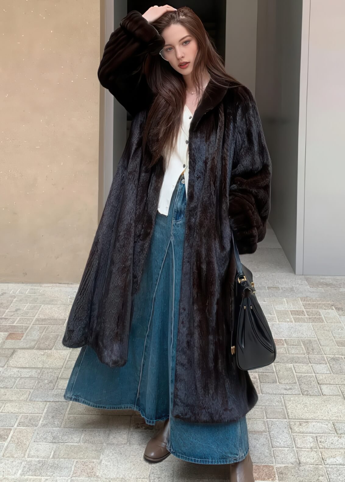 A woman outdoors wearing a dark, near-black faux fur longline coat paired with a long denim skirt and a white button-up cardigan. She is adjusting her hair with one hand and carrying a black leather bag.