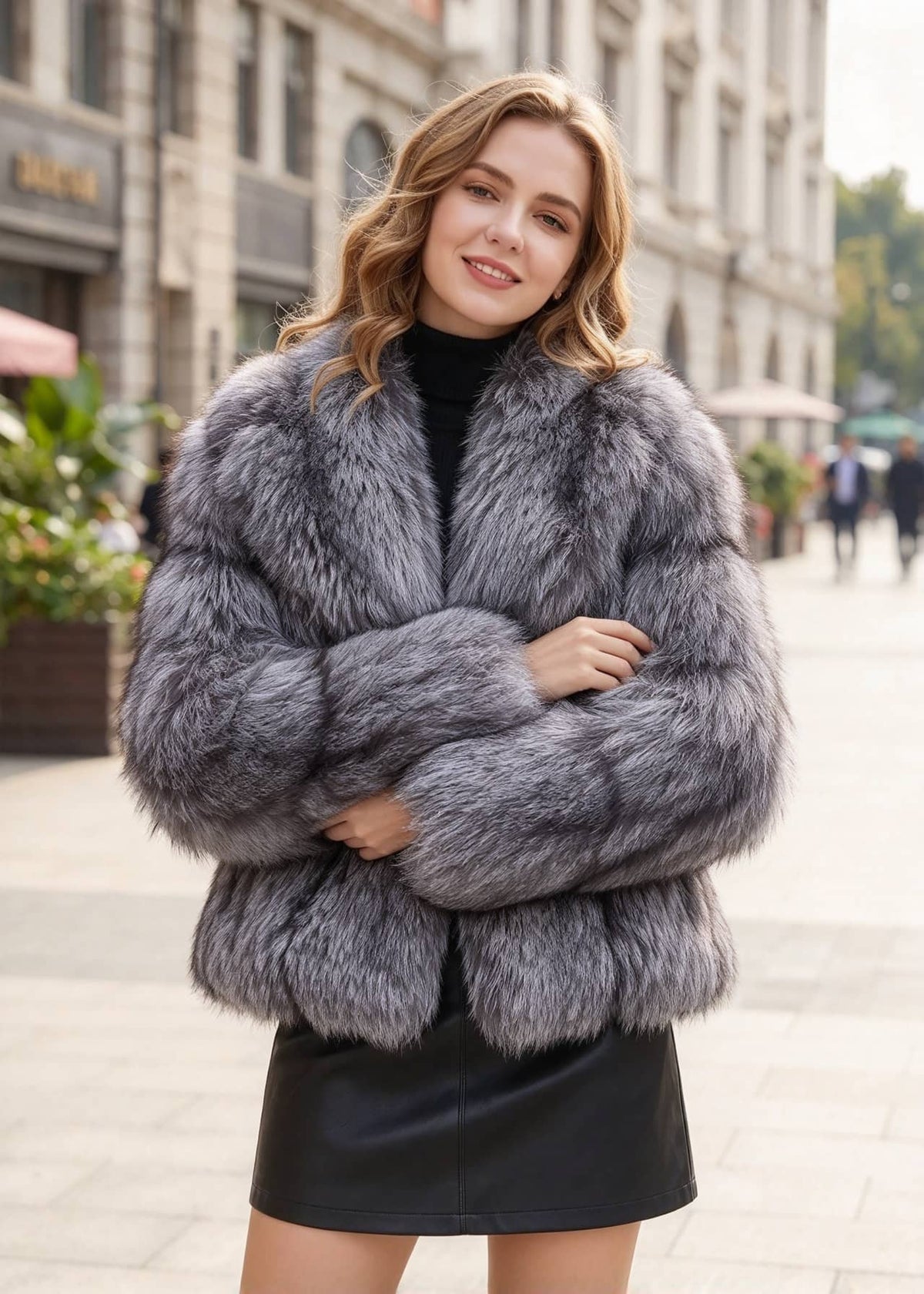 A woman wearing a voluminous gray faux fur jacket over a black top and black mini skirt, standing on a city street.