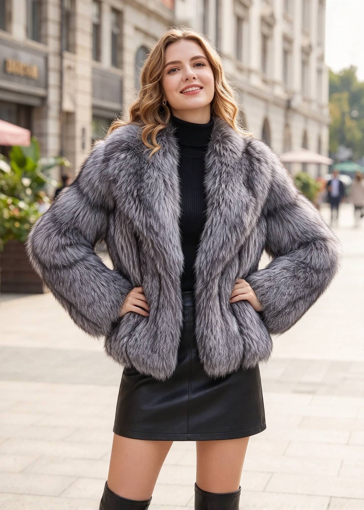 Front-facing view of a woman with hands on hips modeling a silver fox faux fur cropped jacket outdoors.  