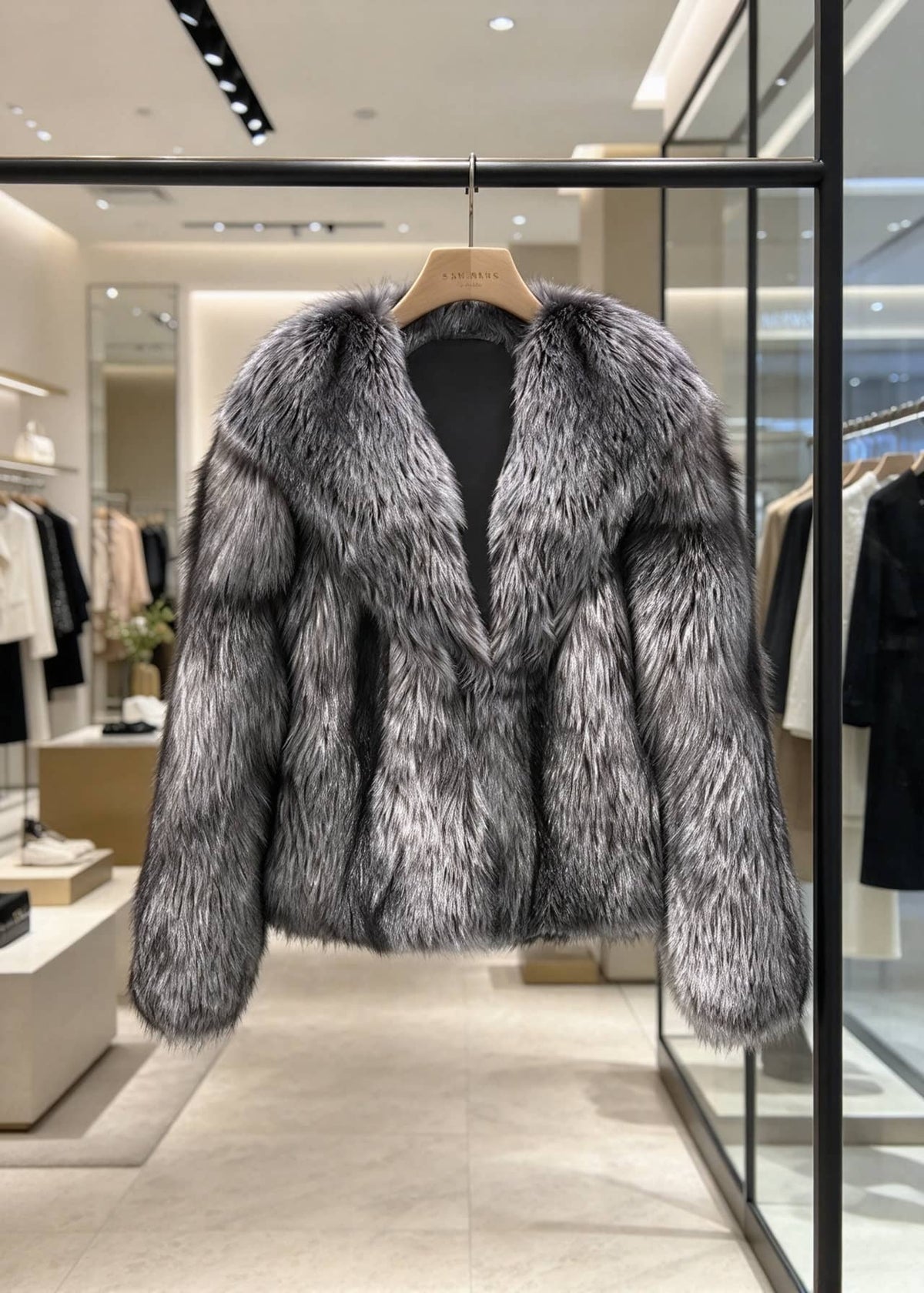 Boutique hanger display of the women's frosted silver fox faux fur crop jacket with shawl collar.  