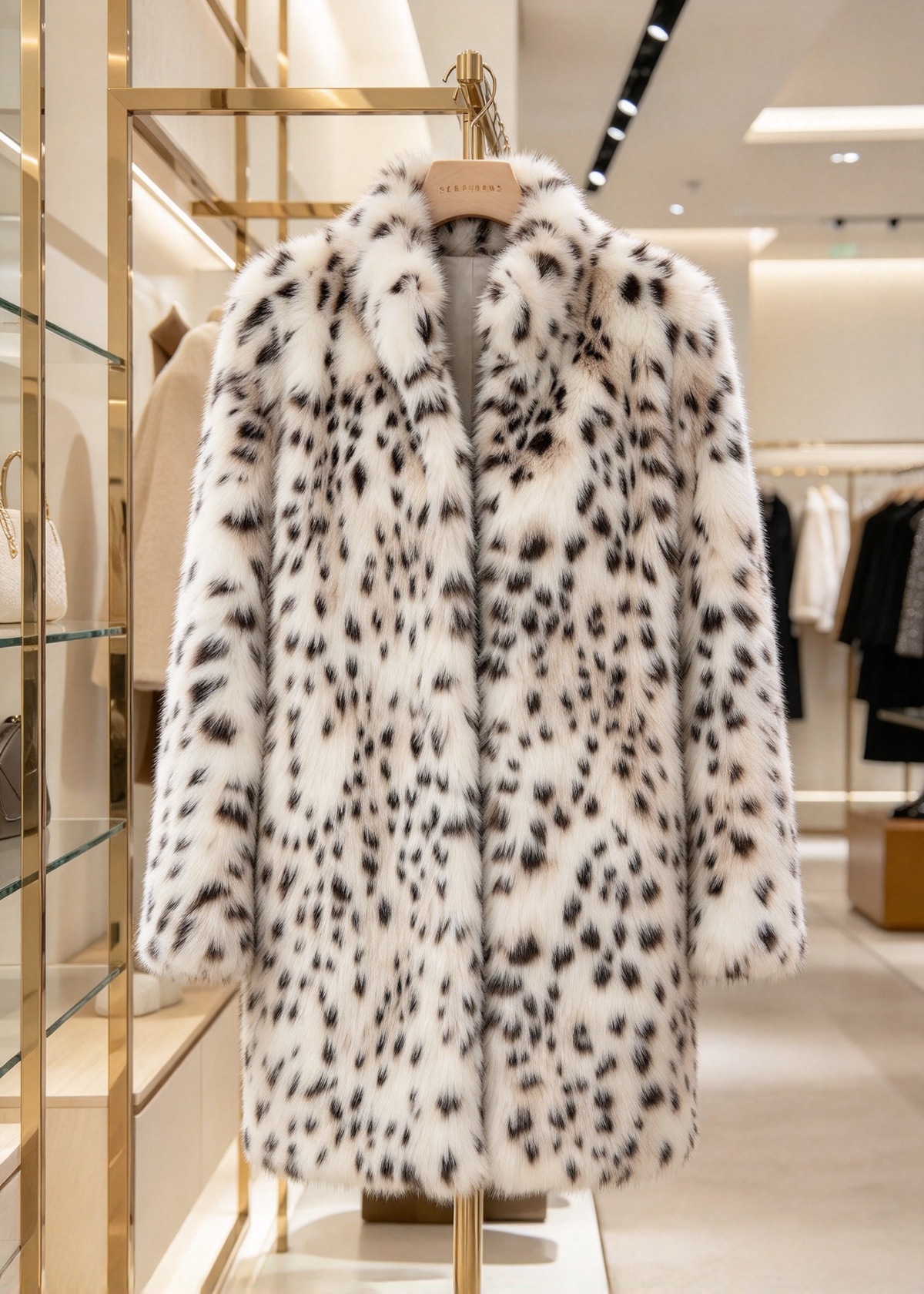 Luxury boutique showroom display of the snow leopard print stand-collar faux mink mid-length coat on a hanger.   