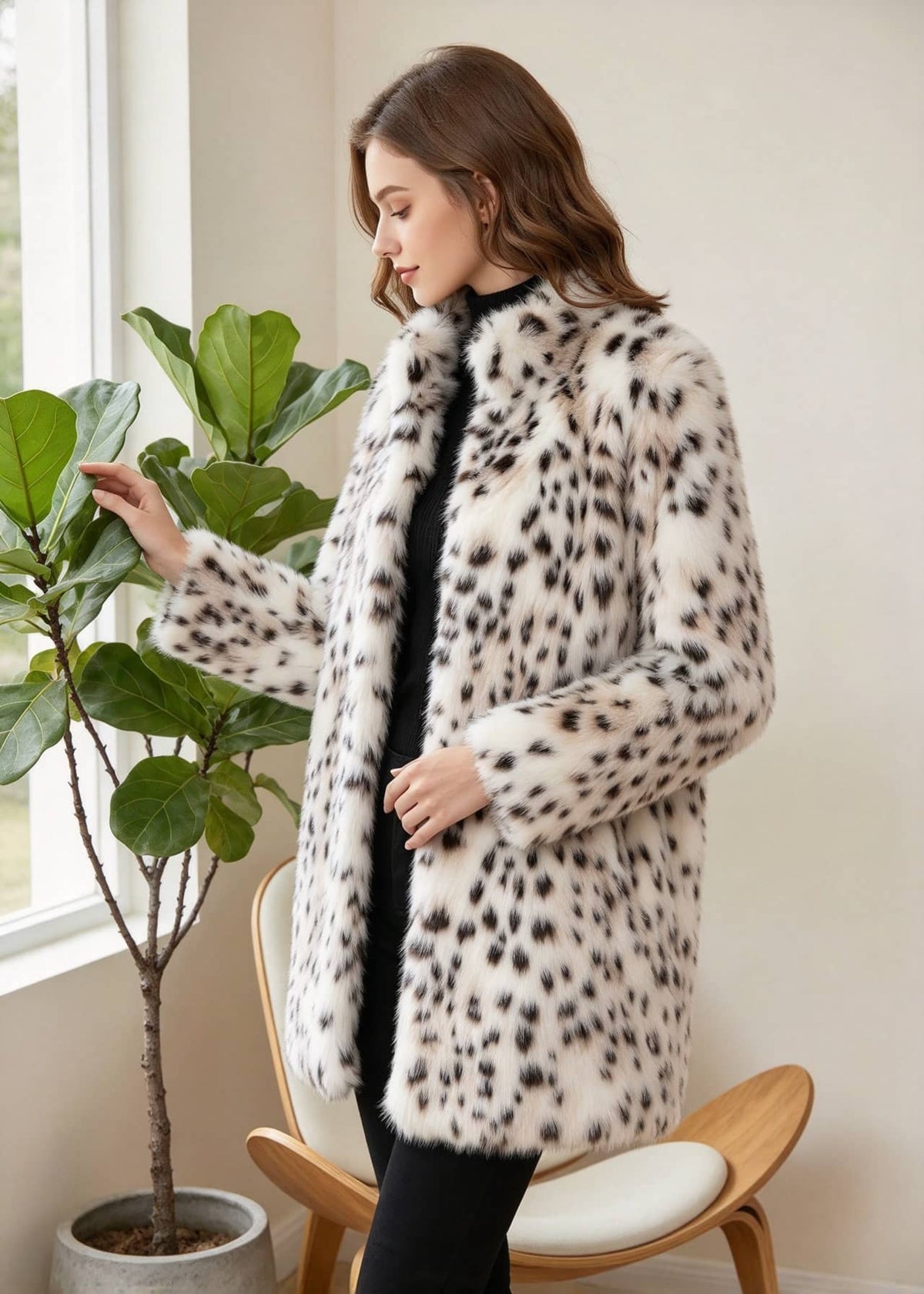 Indoor lifestyle portrait of a woman standing near a window wearing a snow leopard print faux mink mid-length coat.   