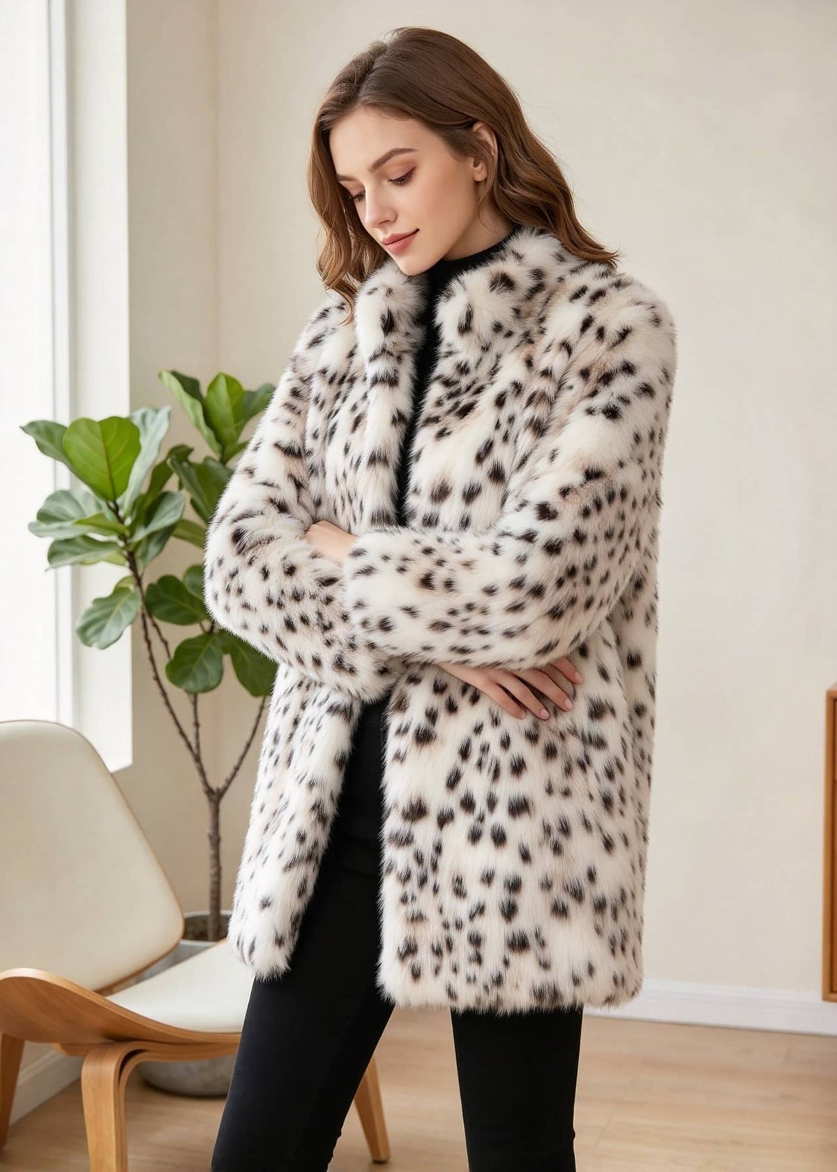 Three-quarter portrait of an elegant woman with crossed arms wearing a white and black snow leopard faux mink coat. 