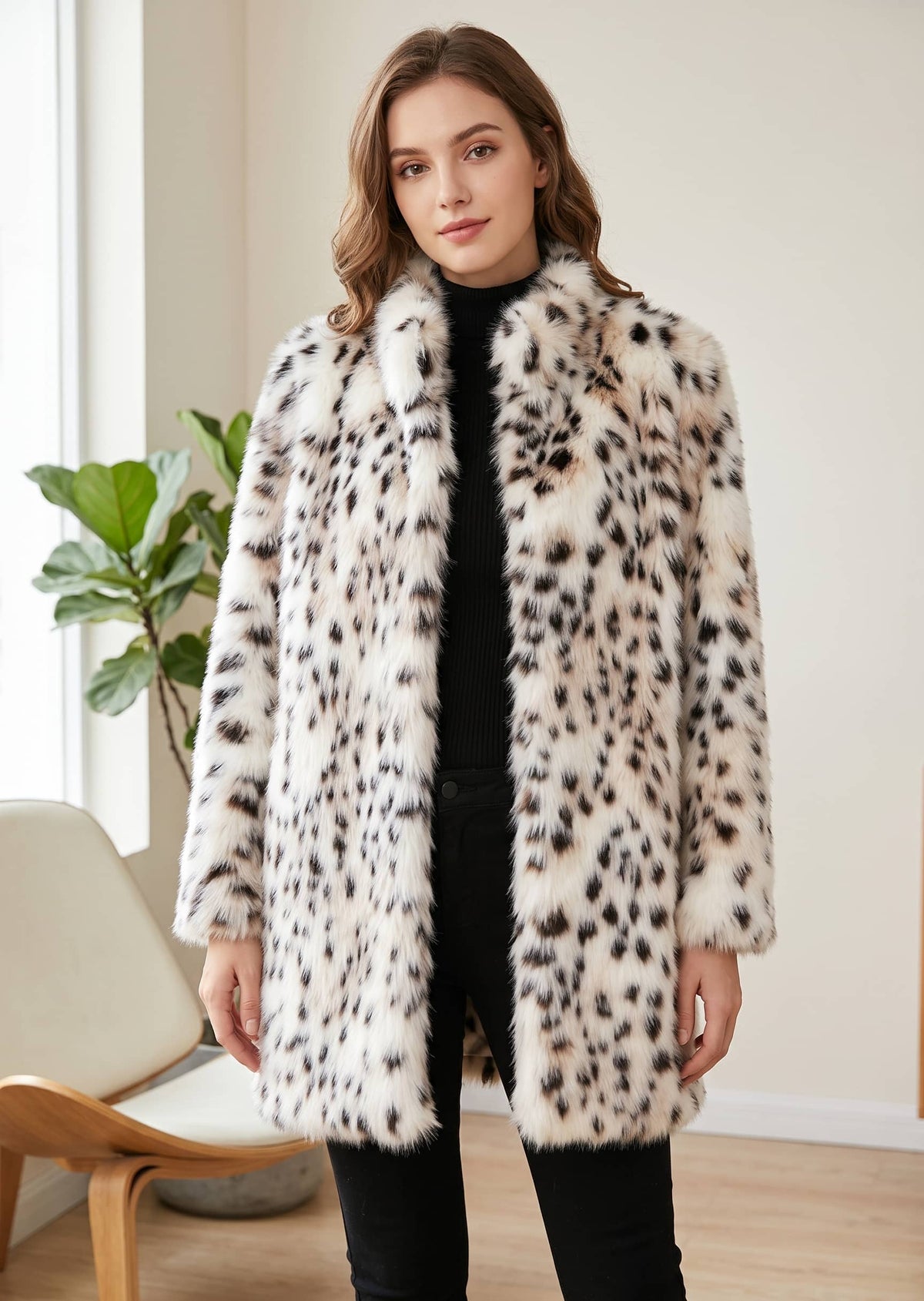 A woman modeling a long faux-fur coat with a beige, black, and brown leopard print pattern, worn over a black top and black pants in a bright indoor setting.