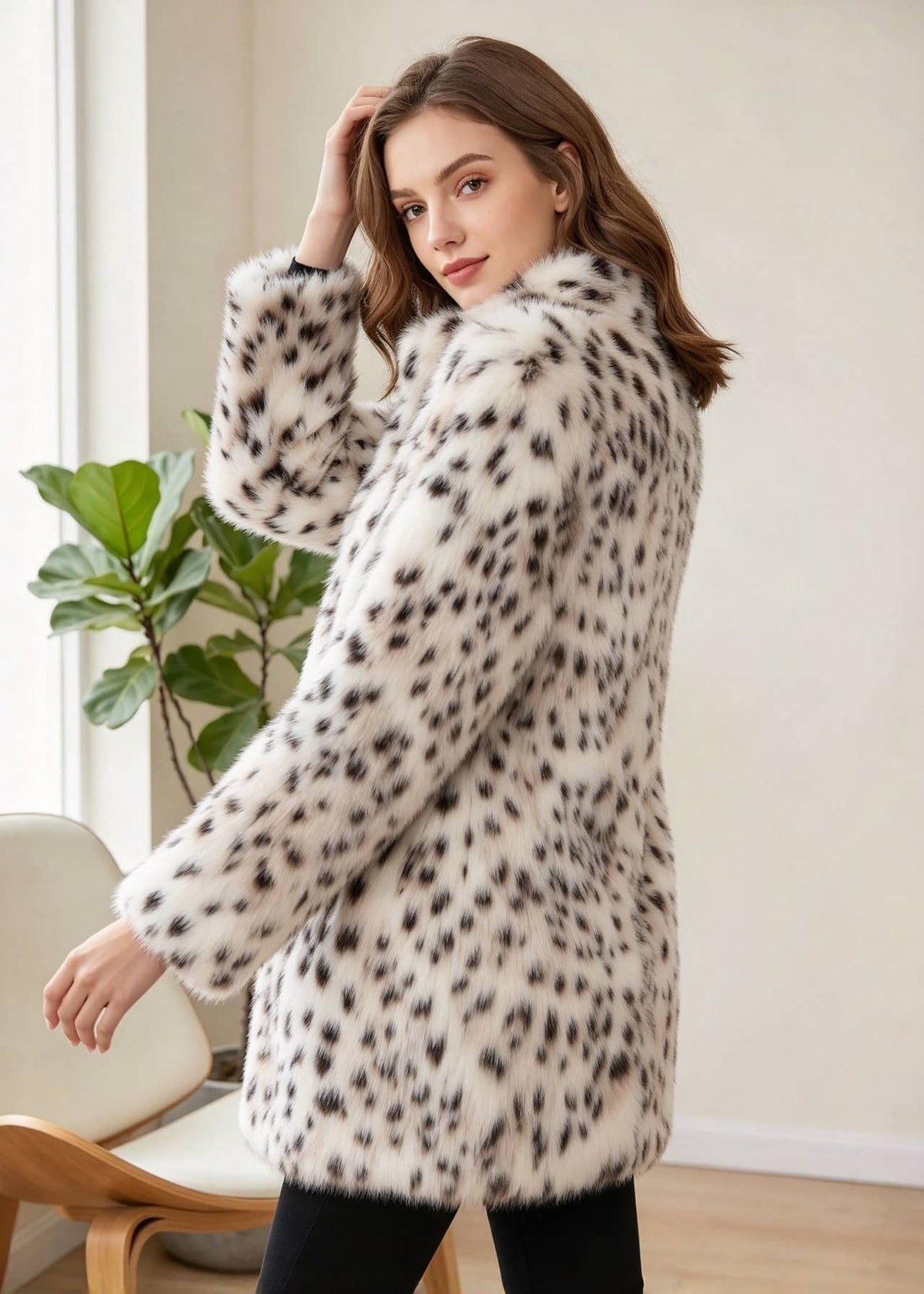Over-the-shoulder side-back portrait of a smiling woman wearing the plush snow leopard faux mink mid-length coat. 