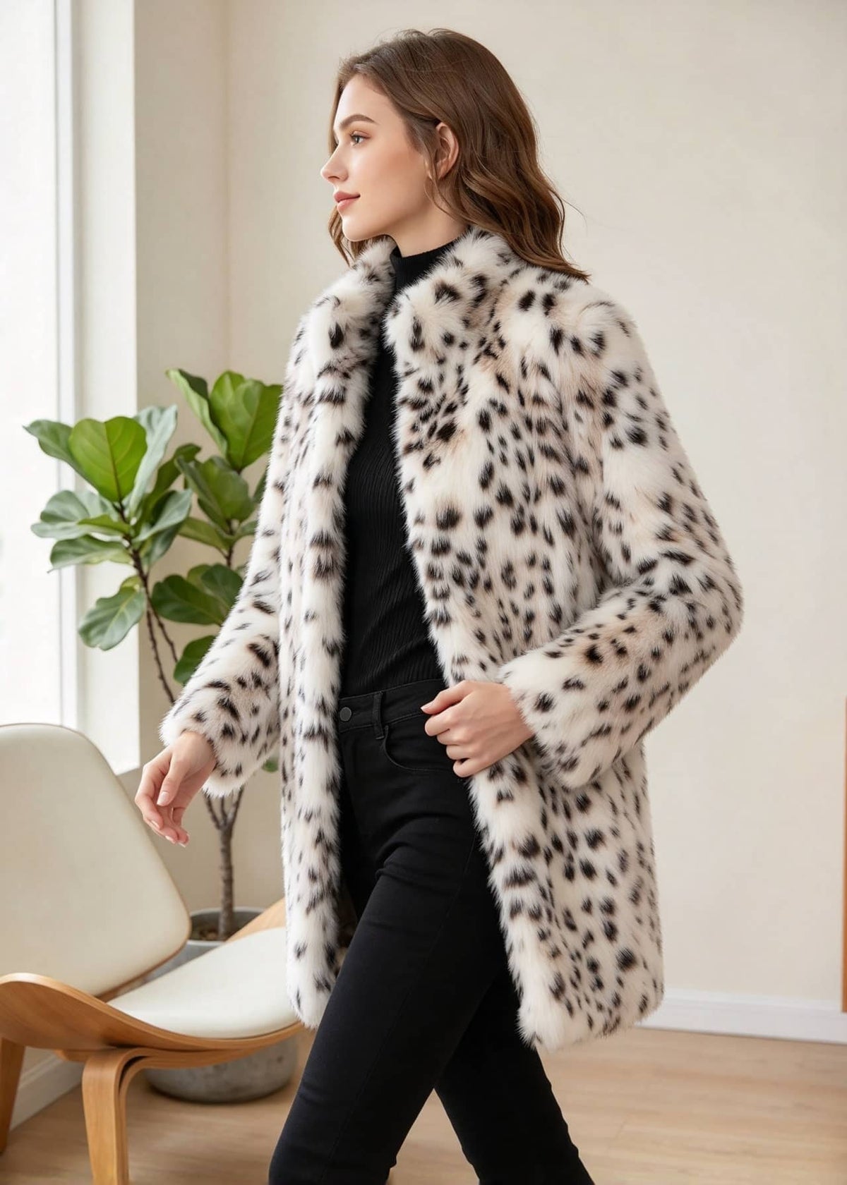 Dynamic side-angle walking pose of a woman modeling the snow leopard stand-collar faux mink coat indoors. 