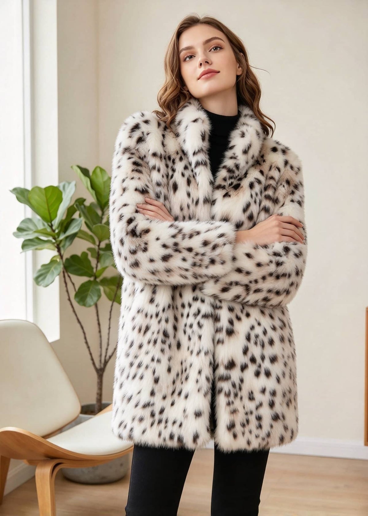 Front portrait of a woman with crossed arms highlighting the stand collar and spot pattern of the faux mink coat. 