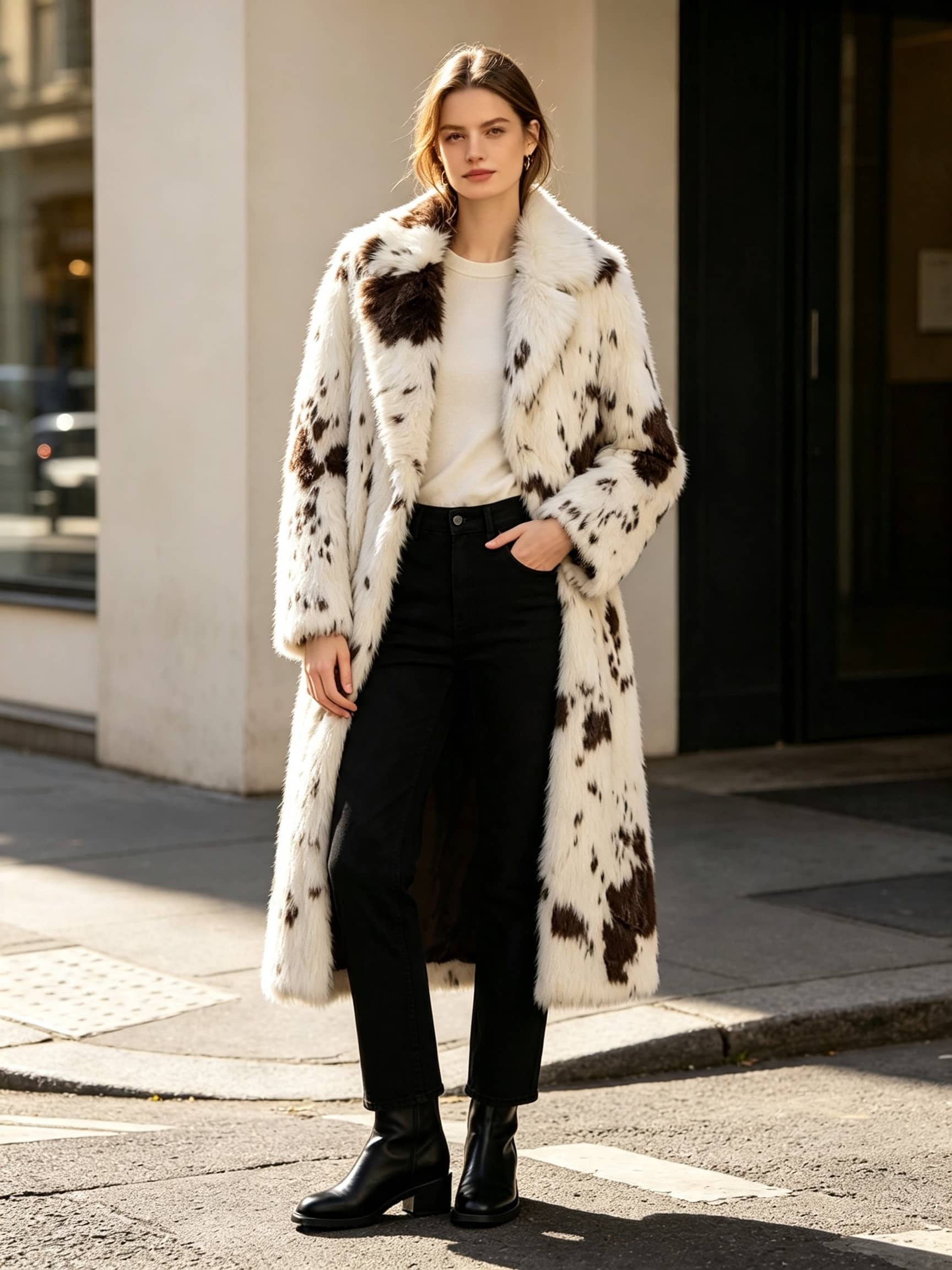 Woman wearing a long spotted faux fur coat, white top, and black jeans standing on a city street.