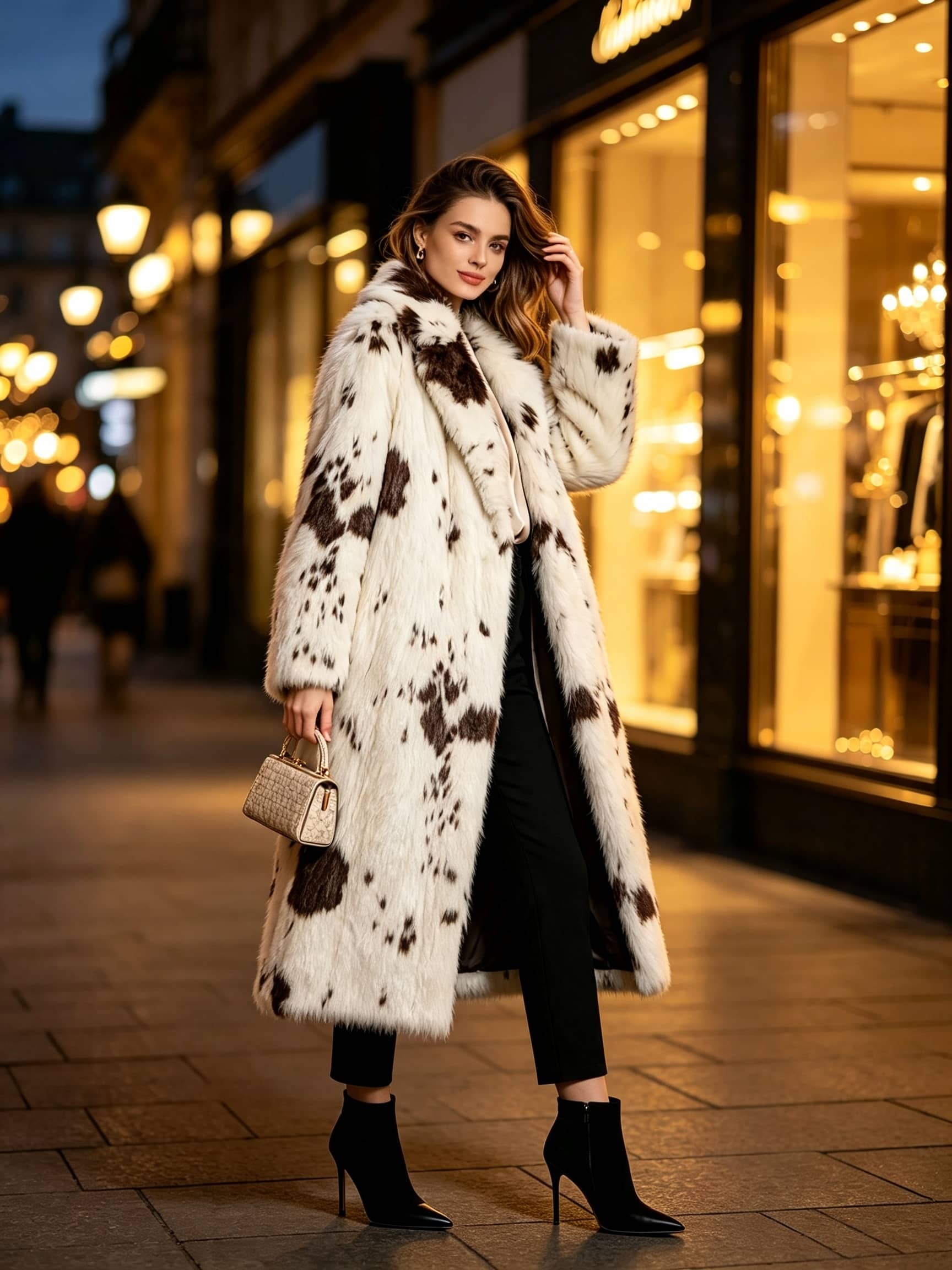 Stylish woman in an elegant spotted faux fur long coat carrying a handbag on a illuminated night street.