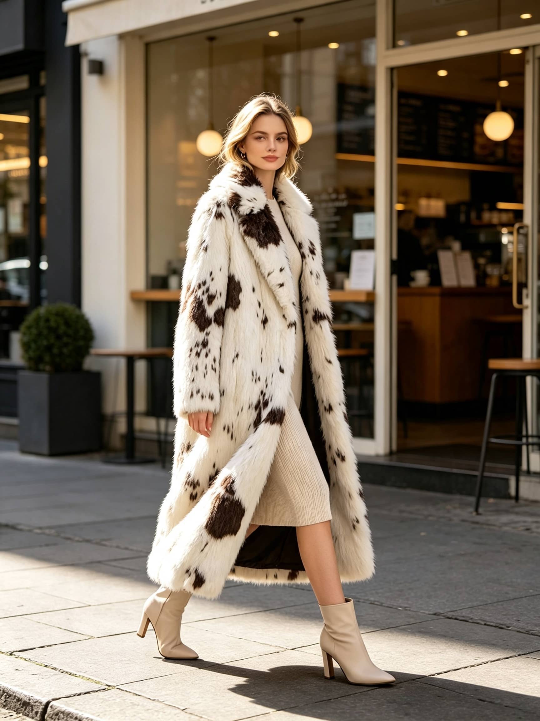 Model walking outside a cafe in an open cow print faux fur long coat, beige dress, and ankle boots.