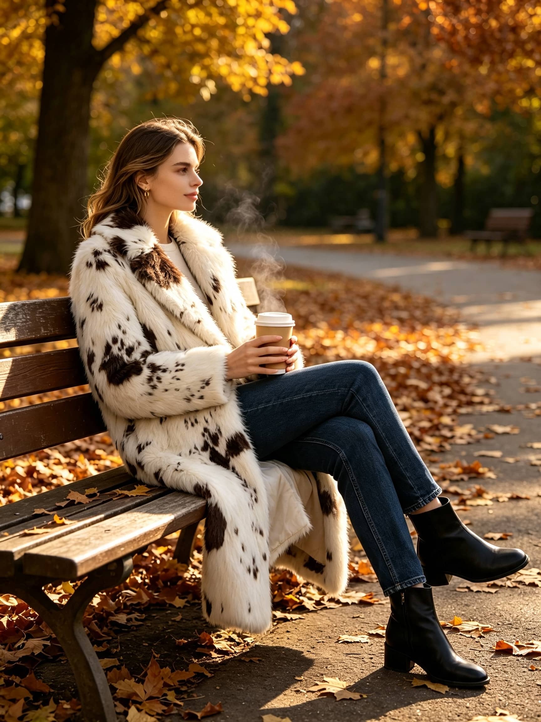 Side view of a woman sitting on a park bench holding coffee in a plush spotted faux fur winter coat.