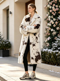 Woman with crossed arms wearing a warm spotted faux fur long coat, black leggings, and casual sneakers.