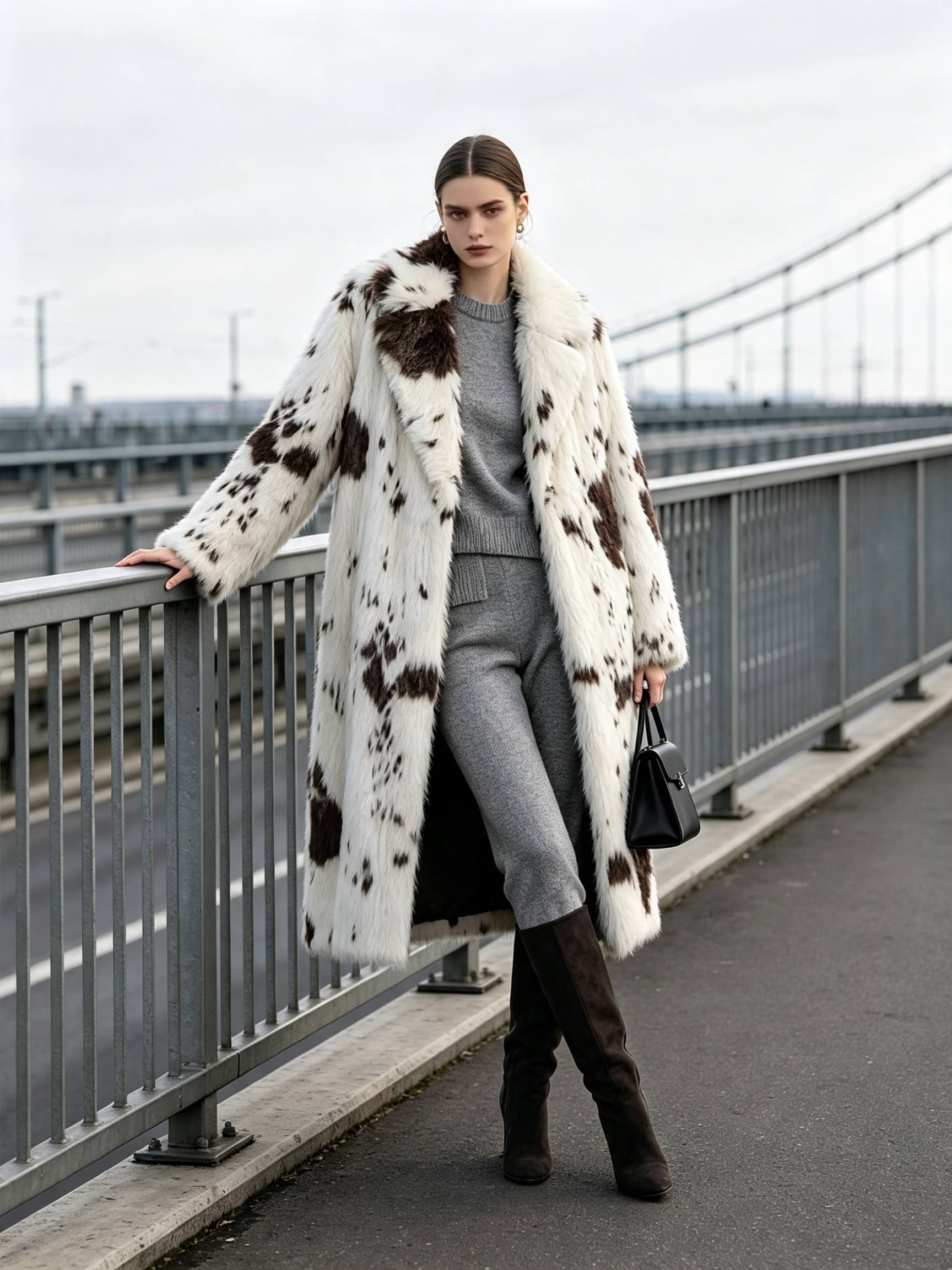 Model leaning against a bridge railing wearing a cozy spotted faux fur coat over a grey knit set.