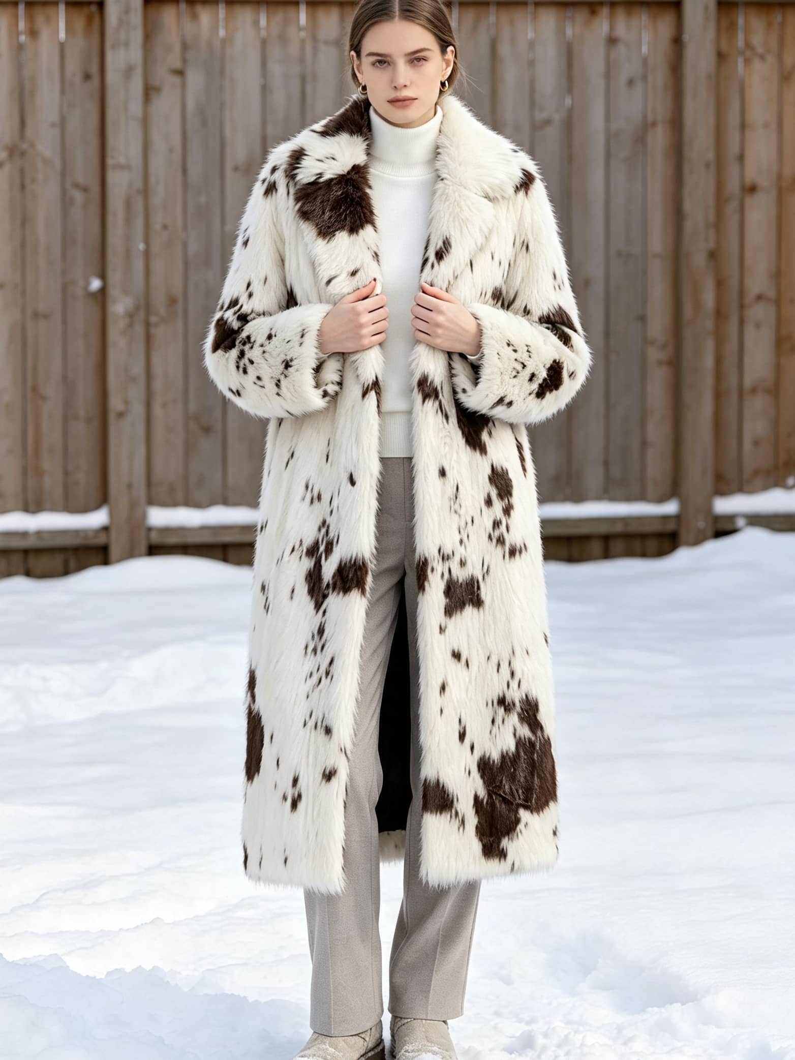 Woman standing in snow holding the lapels of a white and brown spotted faux fur winter long coat.