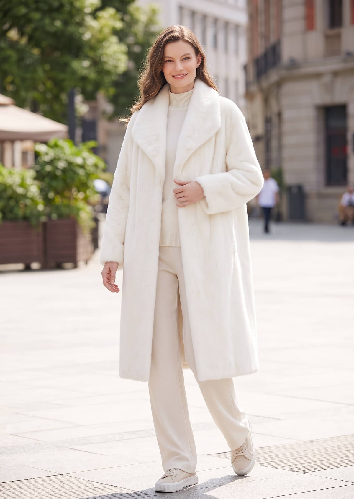 Front full-length look of an elegant woman wearing a winter cream white faux mink longline coat with spread lapel collar.