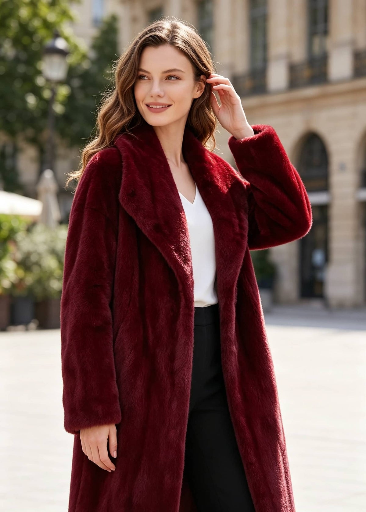 A woman wearing a long, plush burgundy faux fur coat over a white top and black pants, standing outdoors in front of a blurred stone building.