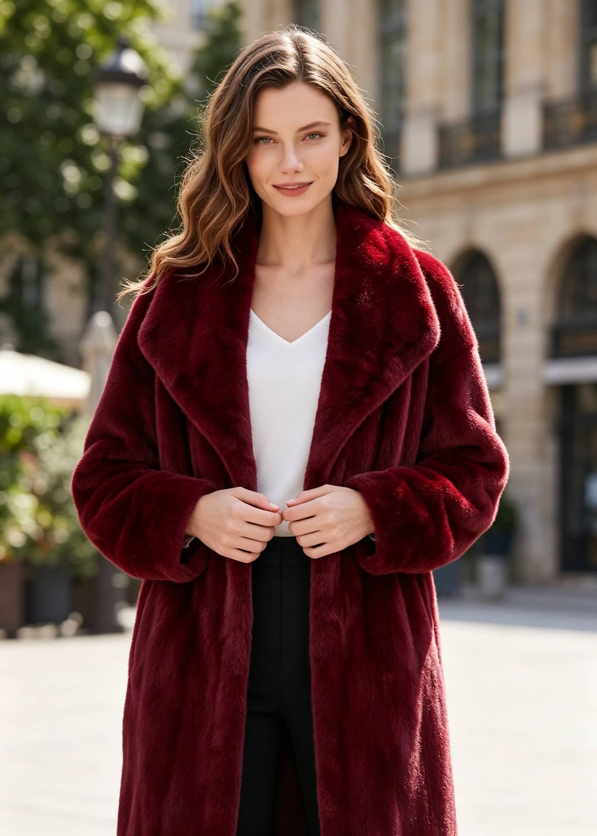 A woman wearing a plush, deep burgundy faux fur coat over a white top and black pants, standing outdoors in front of a blurred city building background.