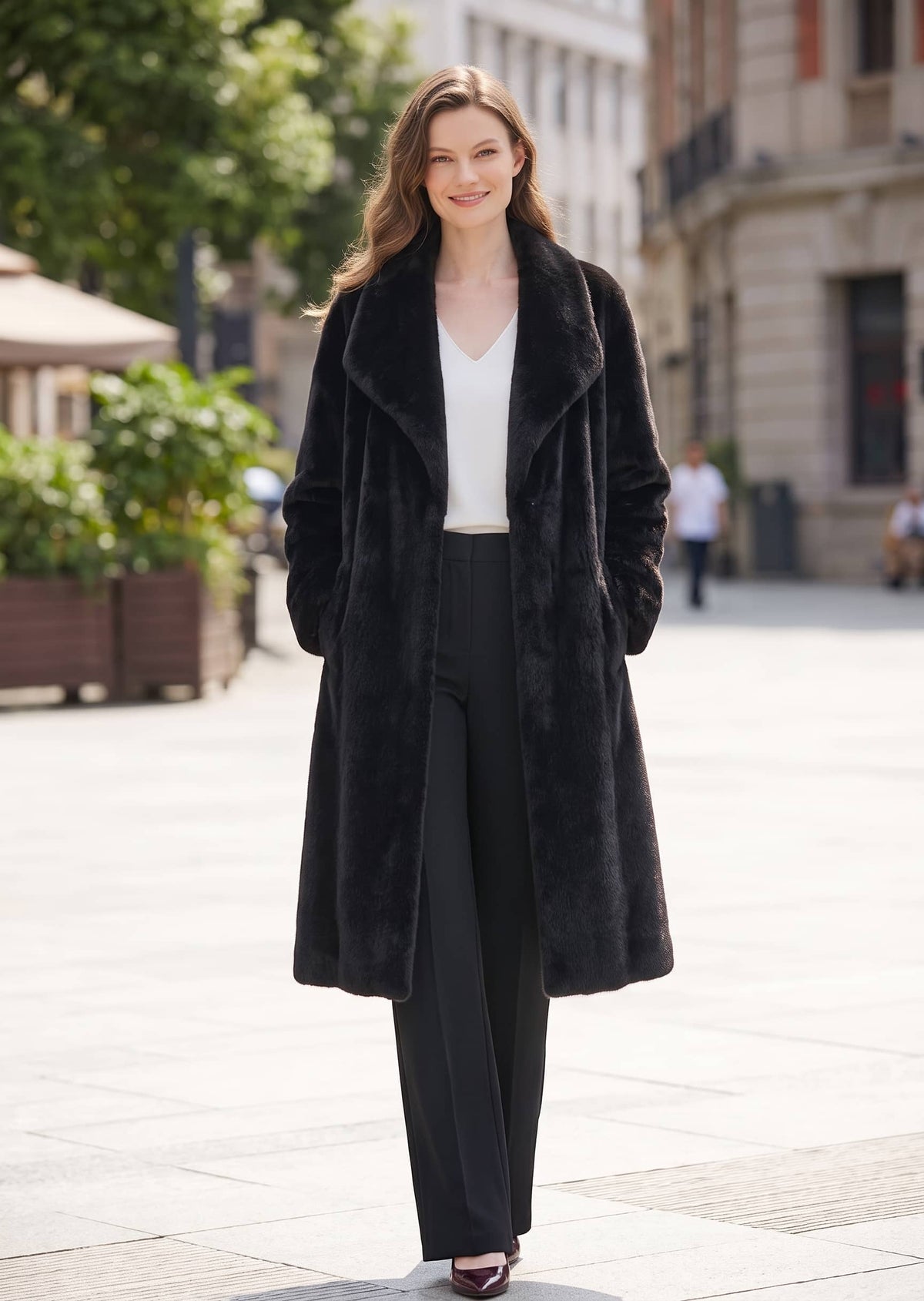 A woman stands on a city sidewalk wearing a long black faux-fur coat over a white top and black wide-leg trousers.