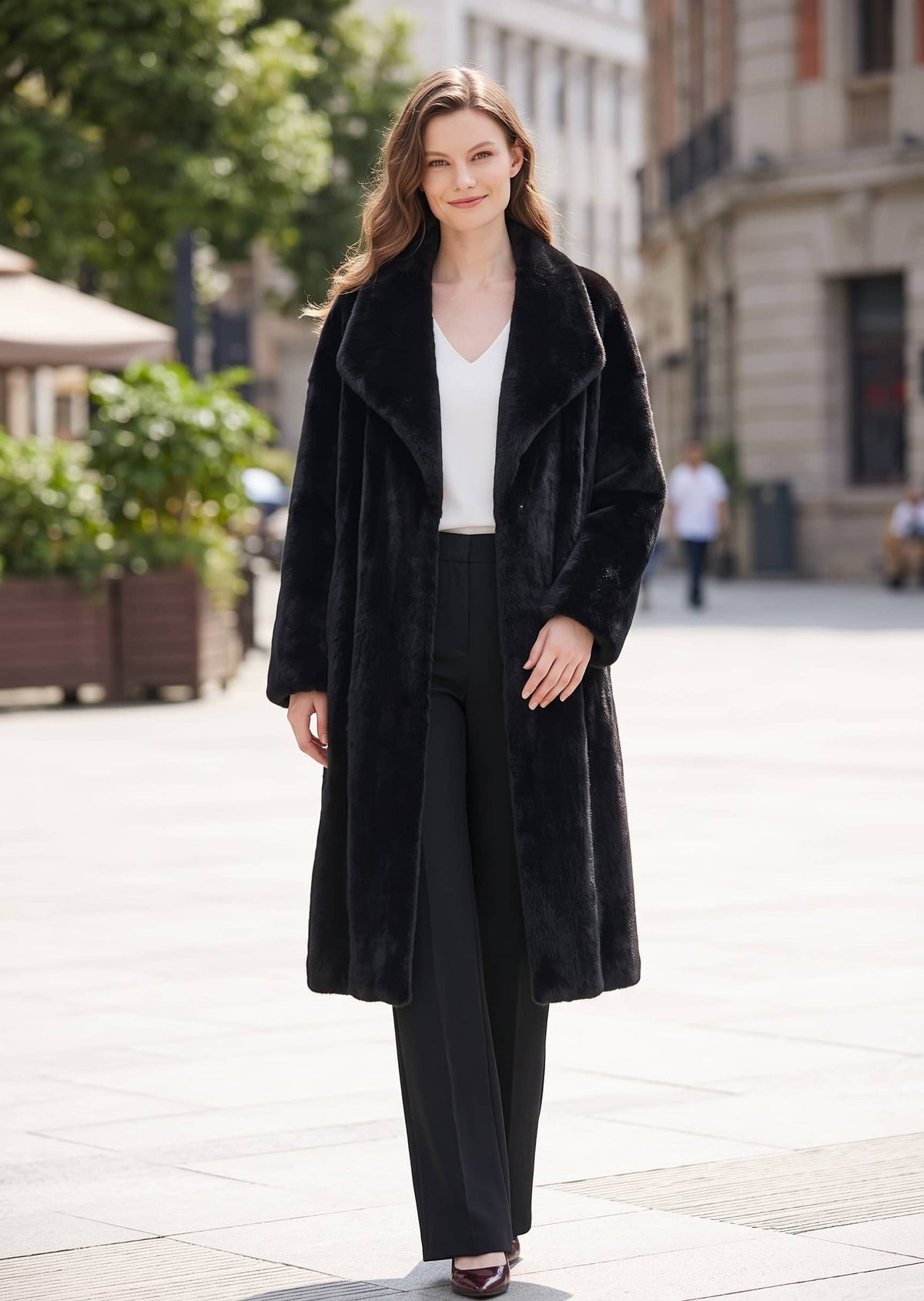 Elegant full-length street view of a woman wearing an open-front black faux mink longline coat with spread collar.