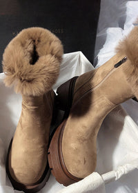 Women's Winter Suede Leather Fluffy Rabbit Fur Lined Booties Brown 