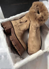 Women's Winter Suede Leather Fluffy Rabbit Fur Lined Booties Brown 