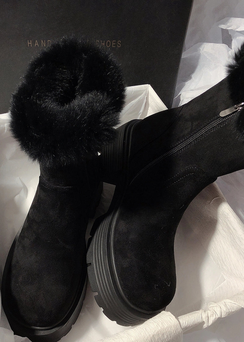 Women's Winter Suede Leather Fluffy Rabbit Fur Lined Booties Black