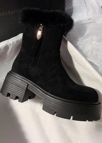 Women's Winter Suede Leather Fluffy Rabbit Fur Lined Booties Black