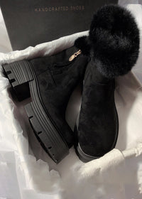 Women's Winter Suede Leather Fluffy Rabbit Fur Lined Booties Black