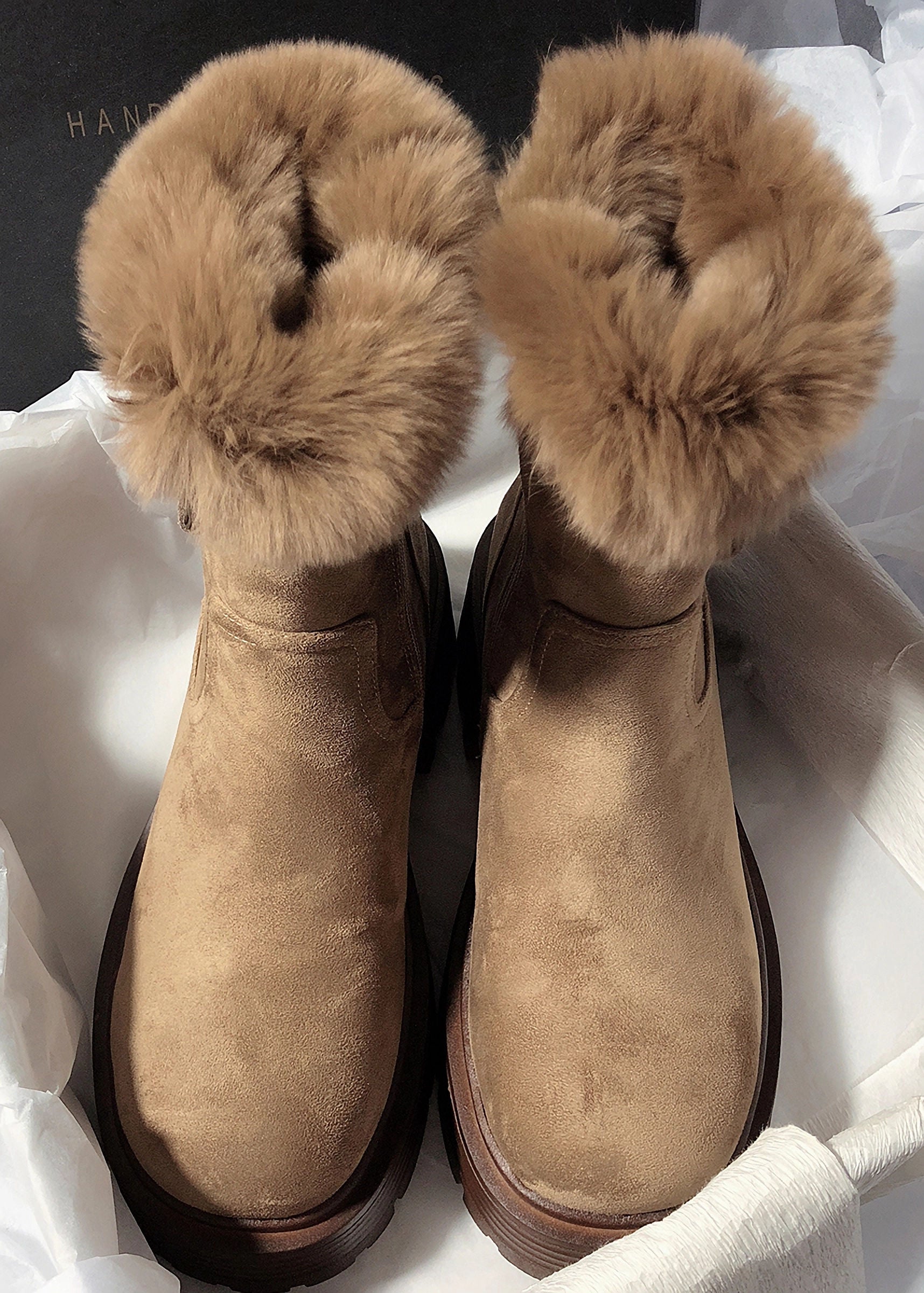Suede Leather Fluffy Rabbit Fur Lined Booties