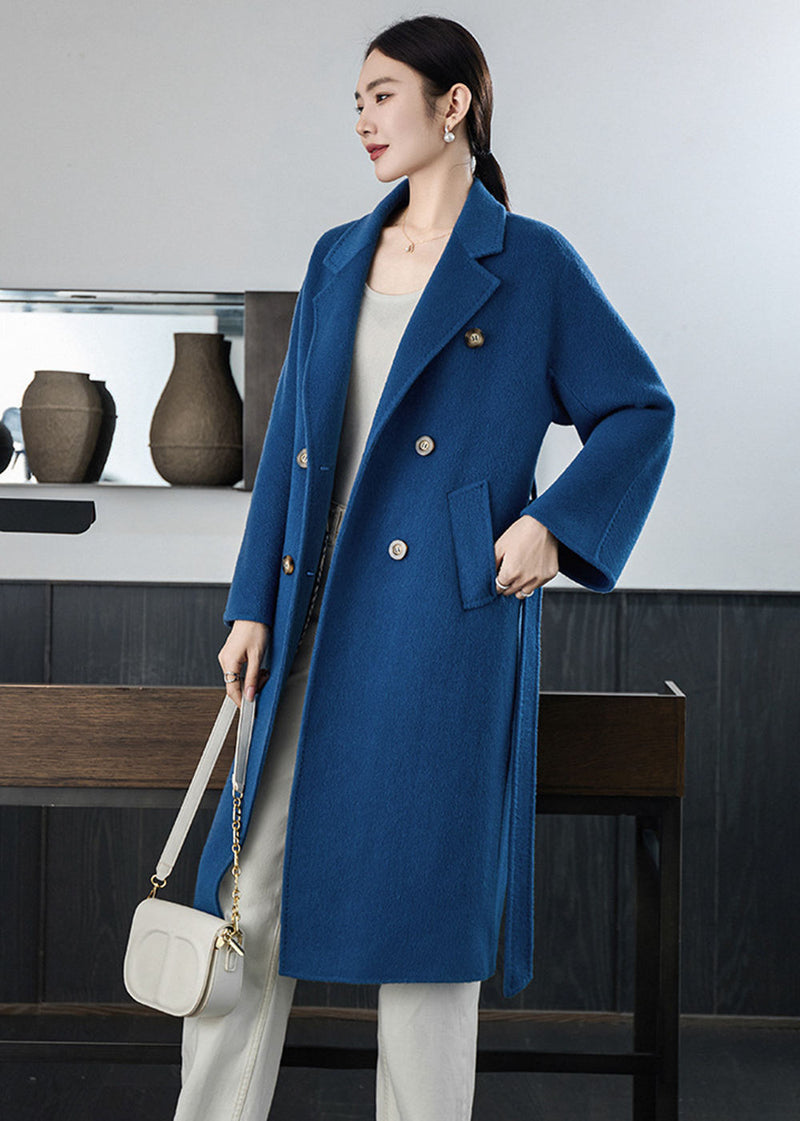 Vivian Seven Women Tasha Double Breasted Belted Long Wool Coat Blue