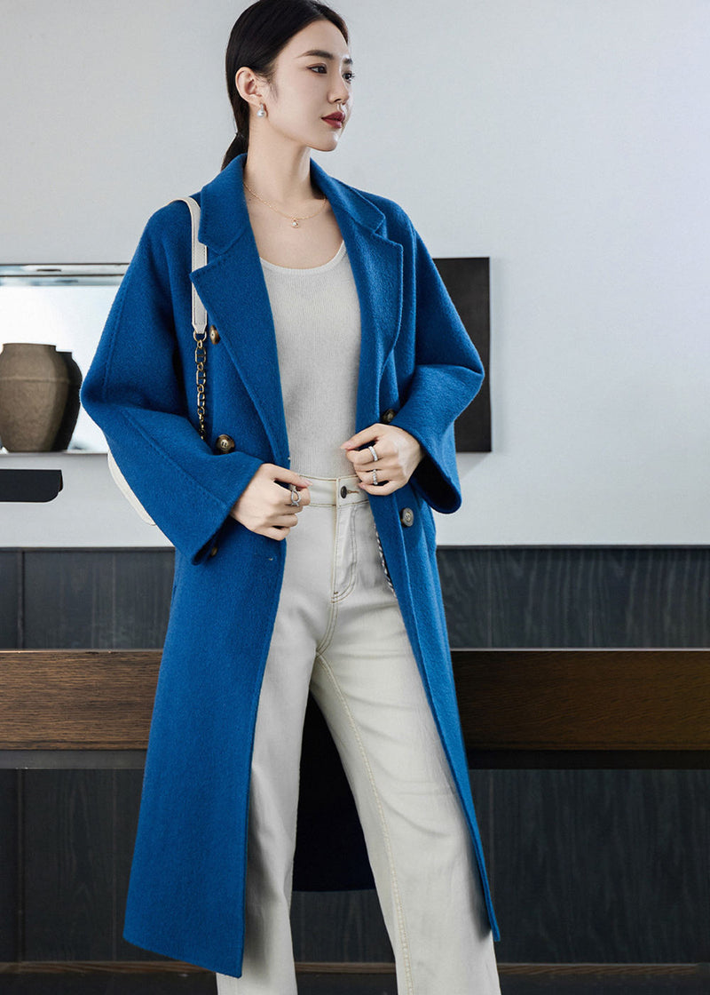 Vivian Seven Women Tasha Double Breasted Belted Long Wool Coat Blue