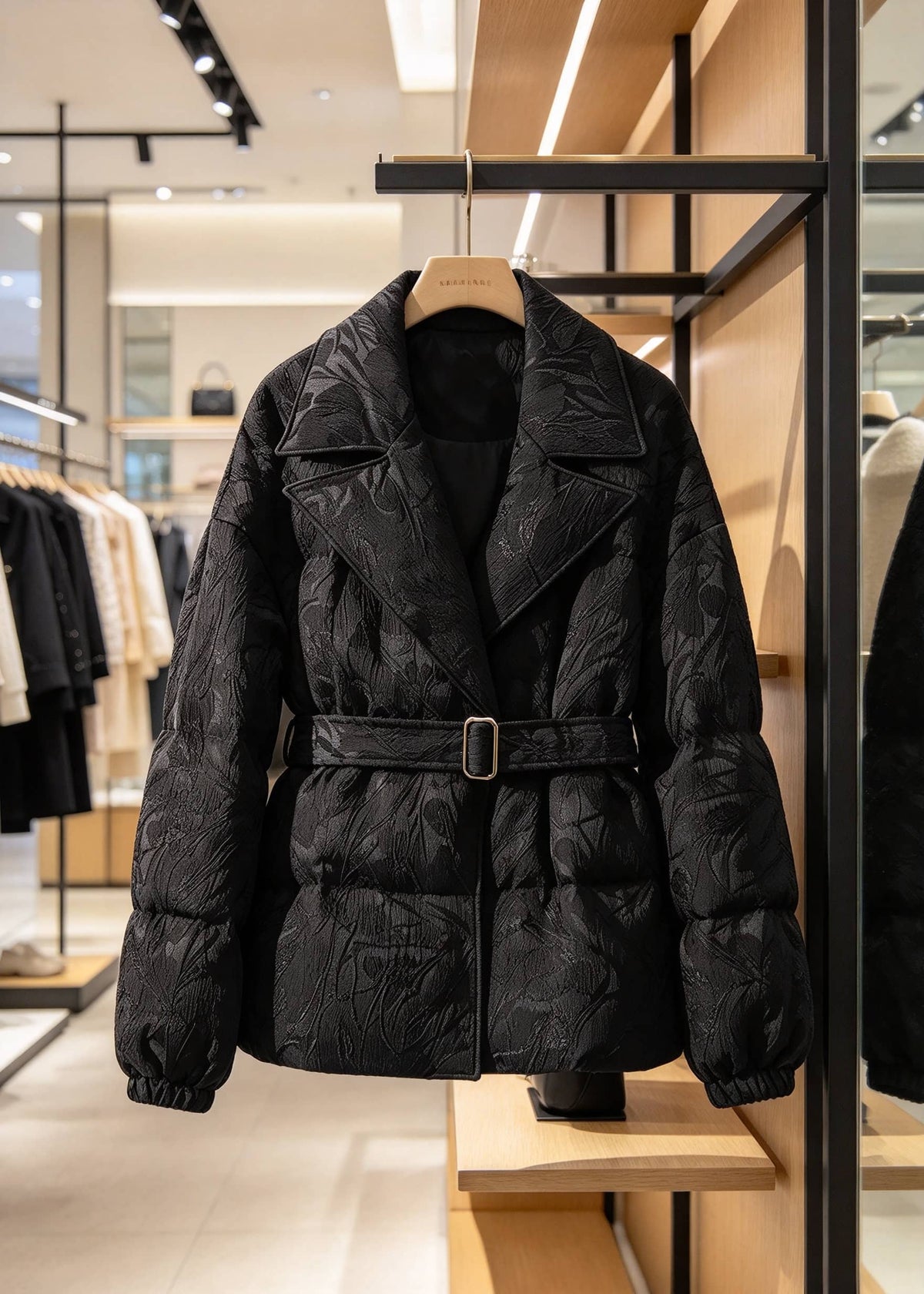 Black women's textured jacquard goose down jacket with lapel collar hanging on clothes rack