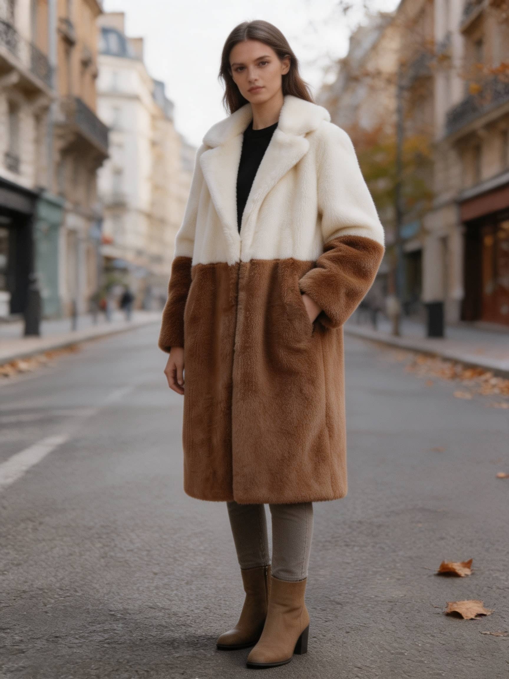 Model standing on a city street in an off-white and camel two-tone notch lapel faux fur long coat.