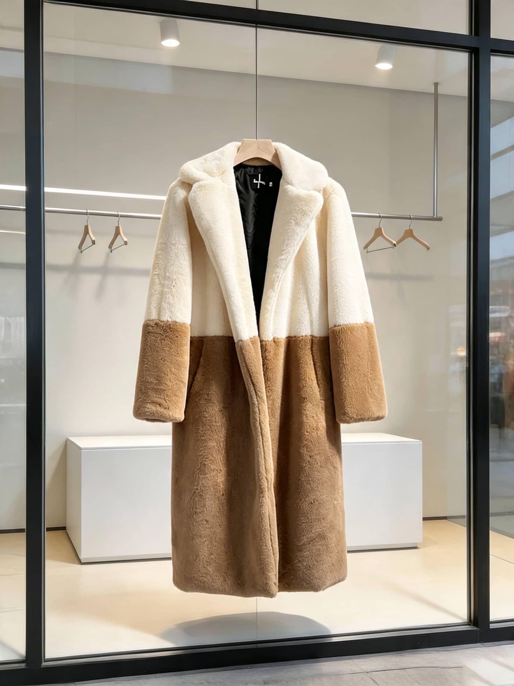 Off-white and camel colorblock plush faux fur long coat displayed on a wooden hanger in a boutique window.