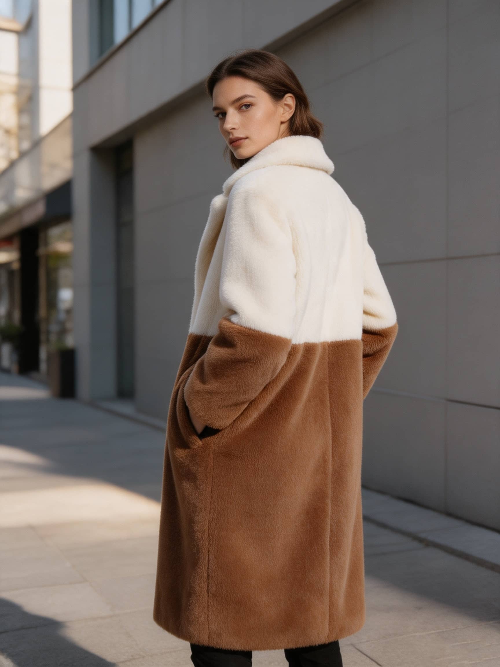 Back three-quarter view of a woman looking back in an off-white and camel colorblock faux fur coat.