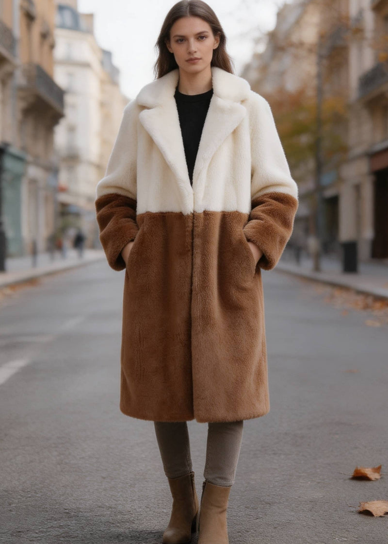 Front pose of a model standing on a street wearing an off-white and camel plush faux fur long coat with hands in pockets.