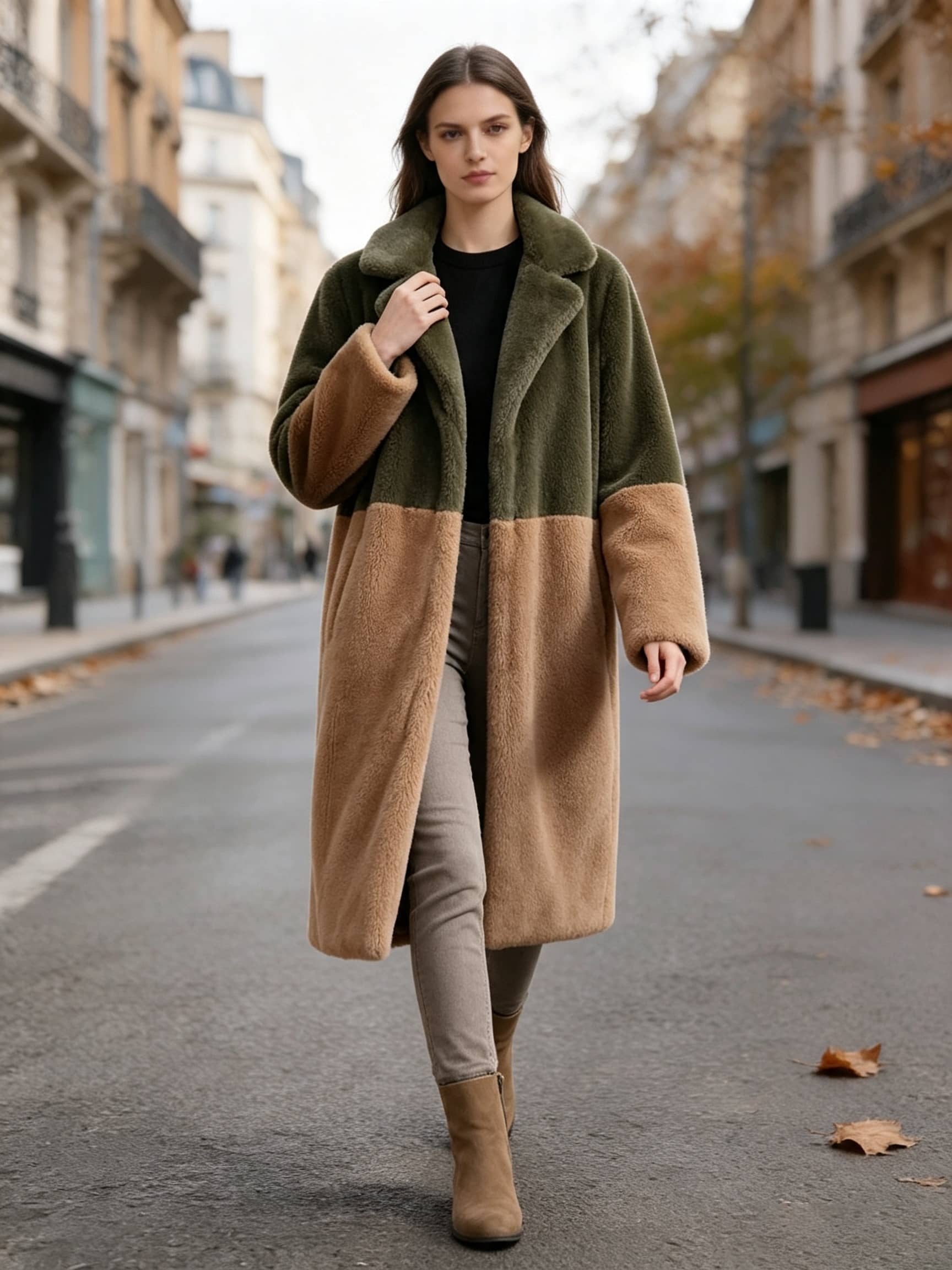 Model walking down a European street in an olive green and camel earthy colorblock faux fur long coat.