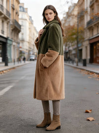 Side profile of a woman posing outdoors wearing an olive green and camel colorblock faux fur coat with hand in pocket.