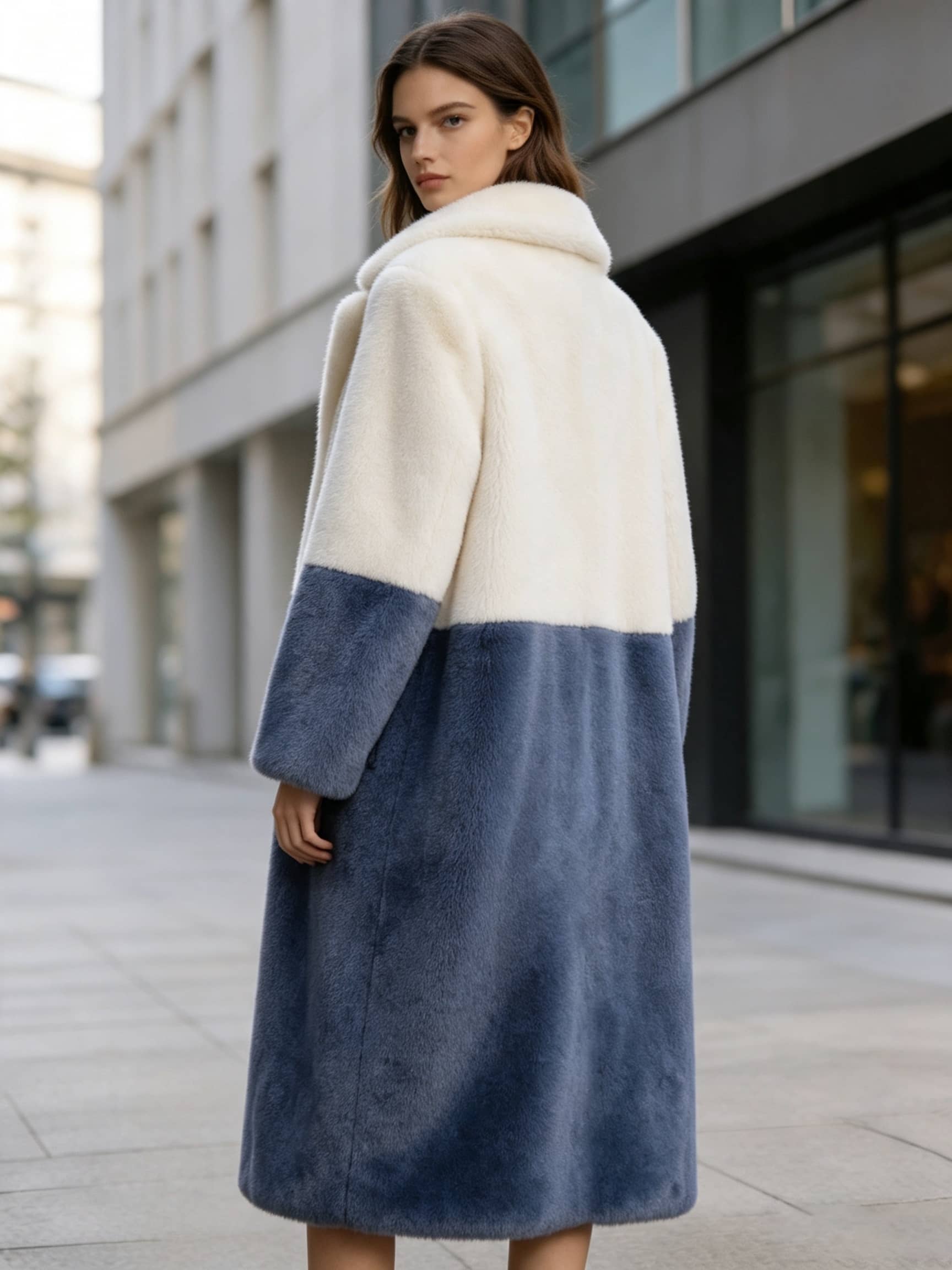 Back three-quarter view of a woman looking back in a cream white and slate blue color-block faux fur long winter coat.