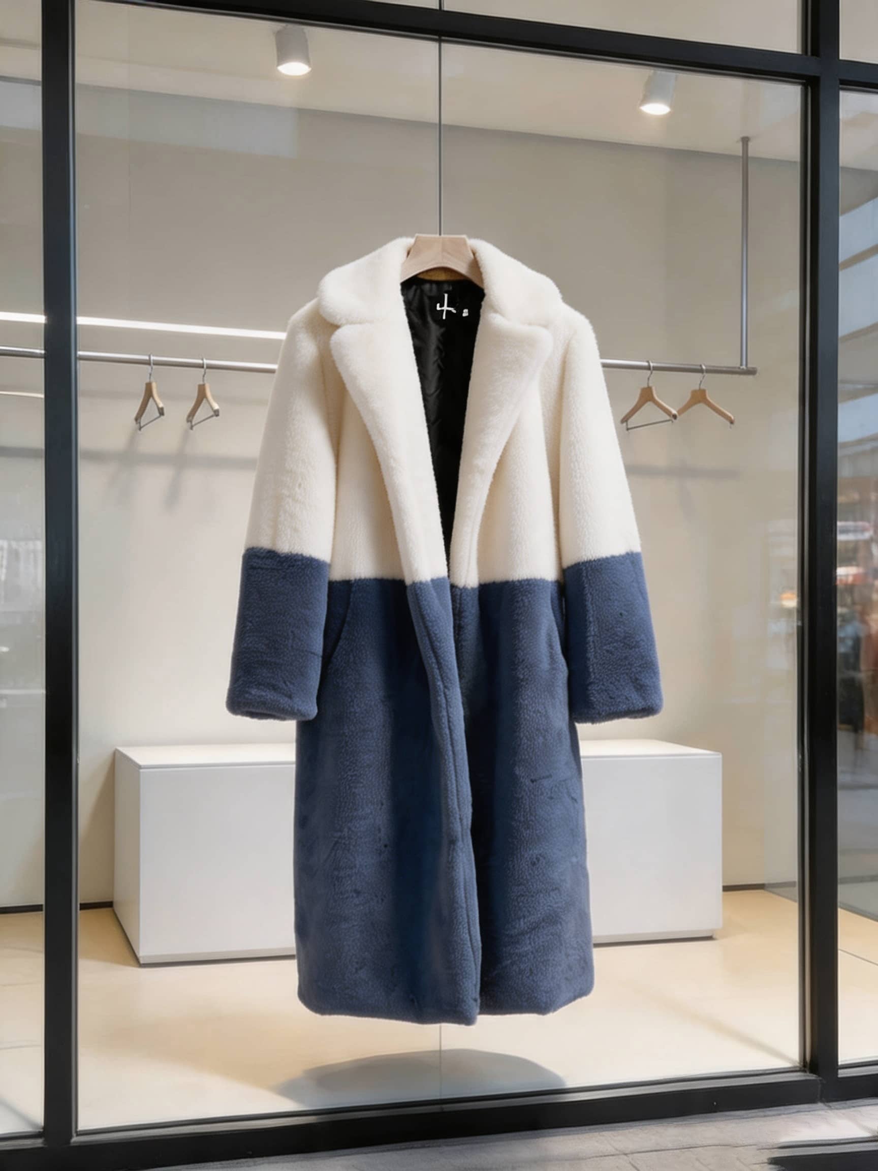 Cream white and slate blue two-tone notch collar faux fur long coat hanging on a hanger in a store window display.