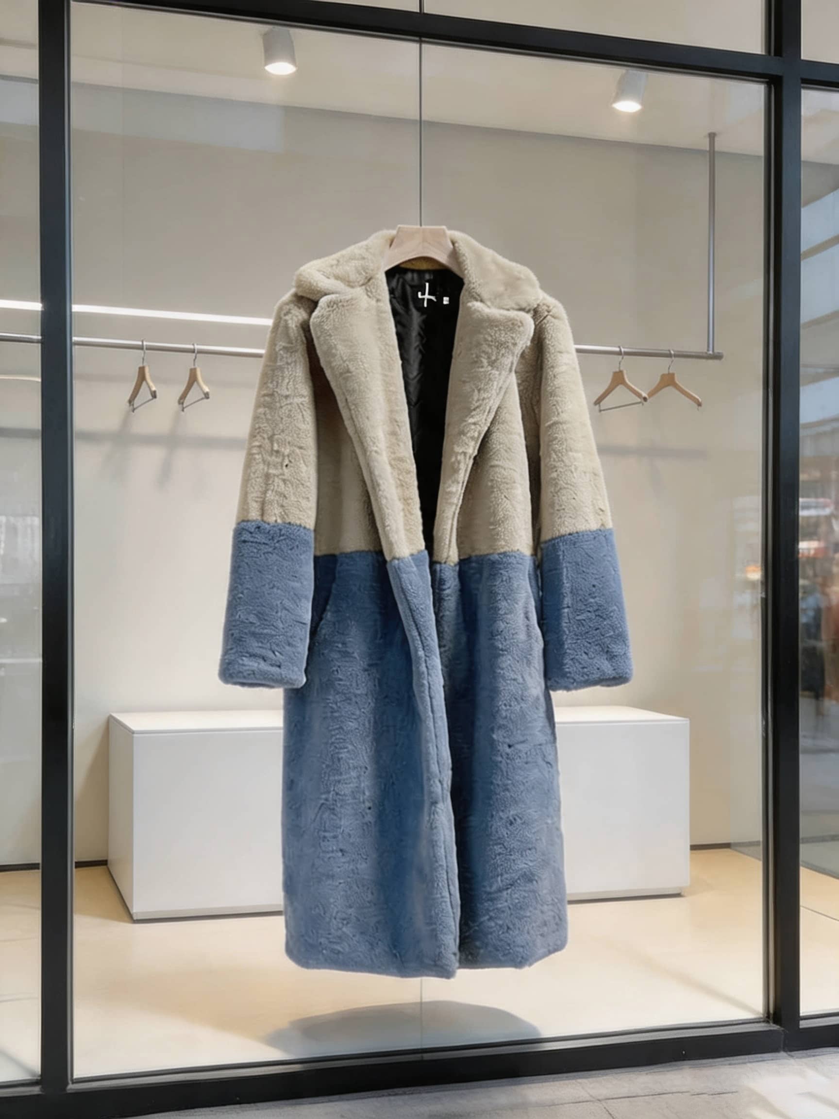 Cream grey and slate blue two-tone notch collar faux fur long coat hanging on a hanger in a store window display.