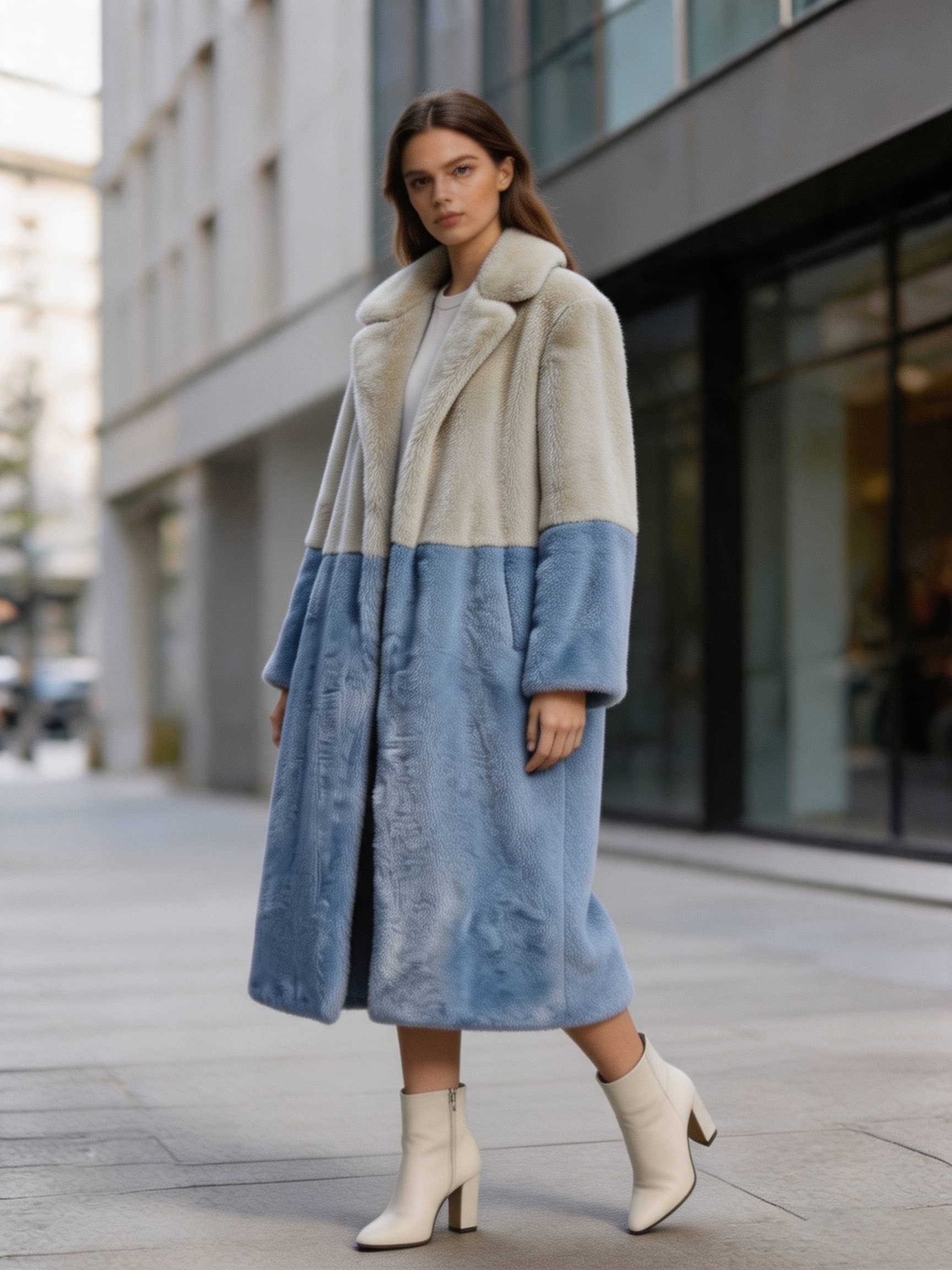 Three-quarter shot of a woman wearing a cream and slate blue plush two-tone faux fur long coat styled with white boots.