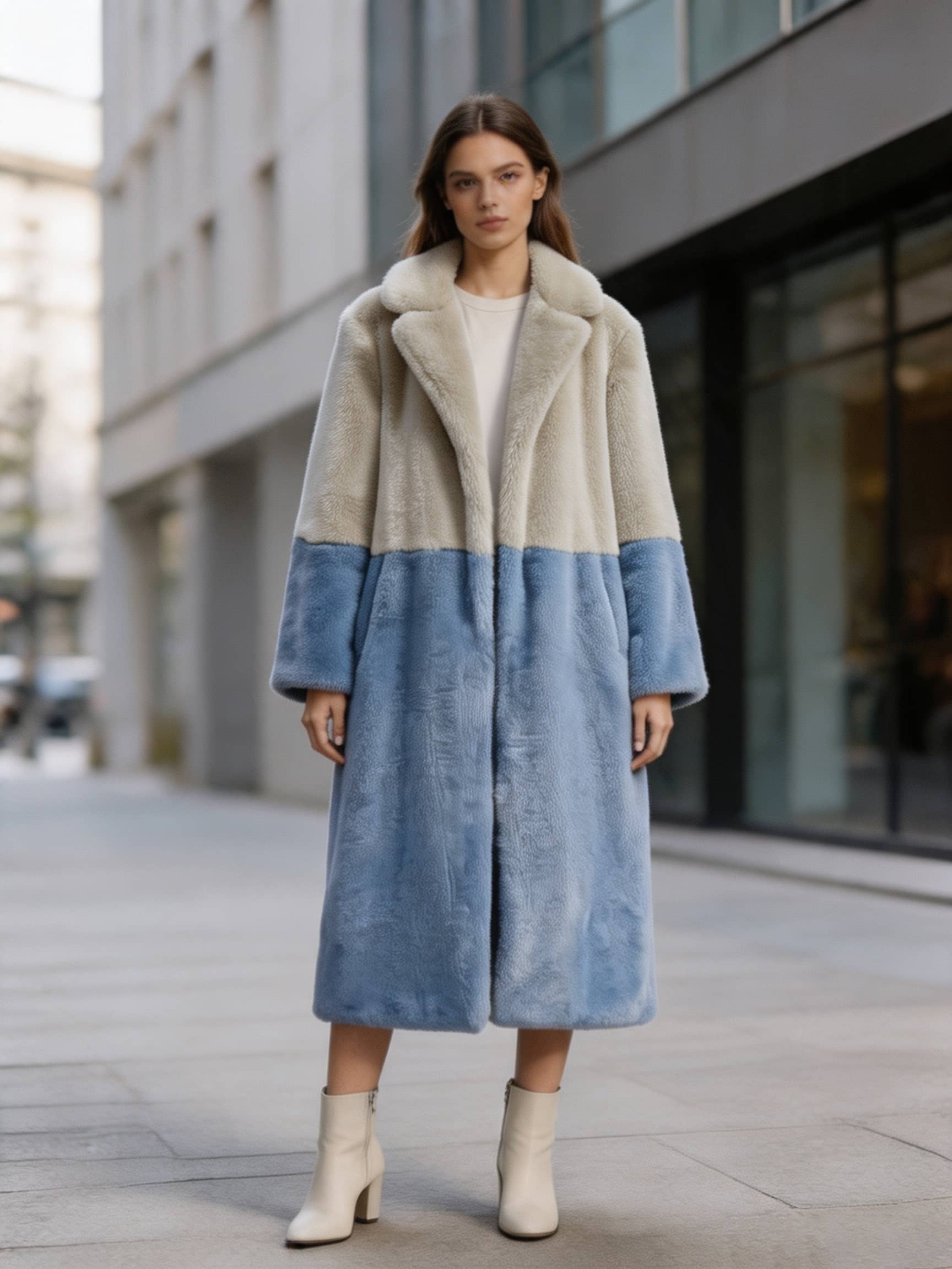  Full-length front view of a model wearing a two-tone cream and slate blue notch collar faux fur long coat outdoors.