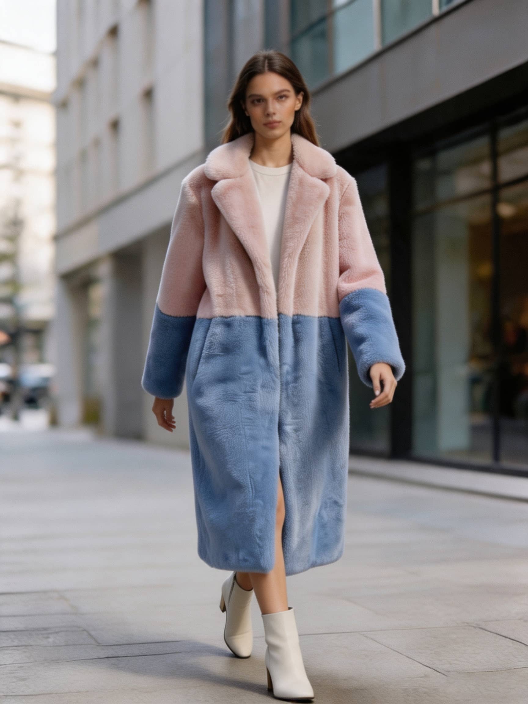 Model walking down a city street in a dusty pink and slate blue two-tone long faux fur coat with heels.