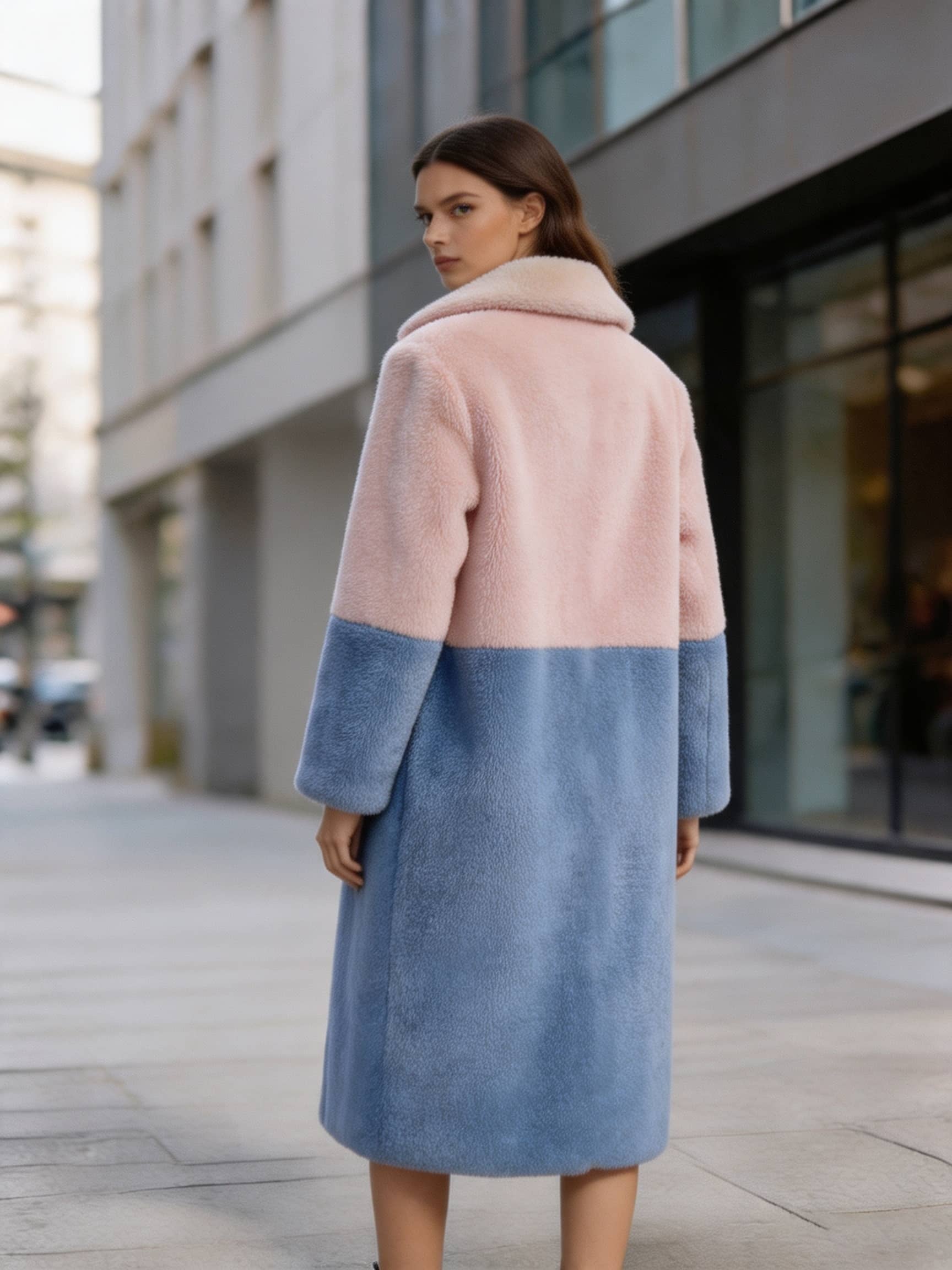 Back view of a model looking over her shoulder in a dusty pink and slate blue two-tone faux fur winter long coat.