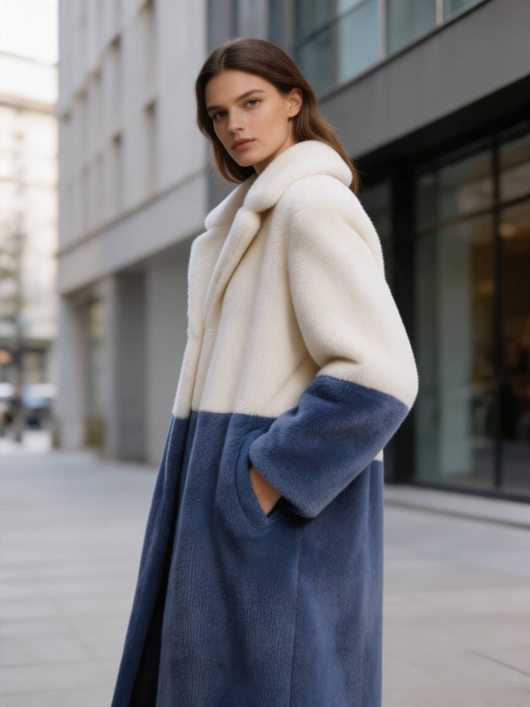 Side view of a model in a cream and slate blue two-tone notch collar faux fur long coat with hand in pocket.